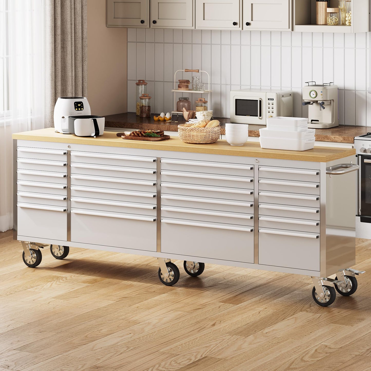 GarveeLife 96-Inch Rolling Tool Chest with 24 Drawers Garage Workbench, Solid Rubberwood Top, Storage Cabinet with Wheel Lock and Key Lock for Workshop, Garage, Kitchen and Home