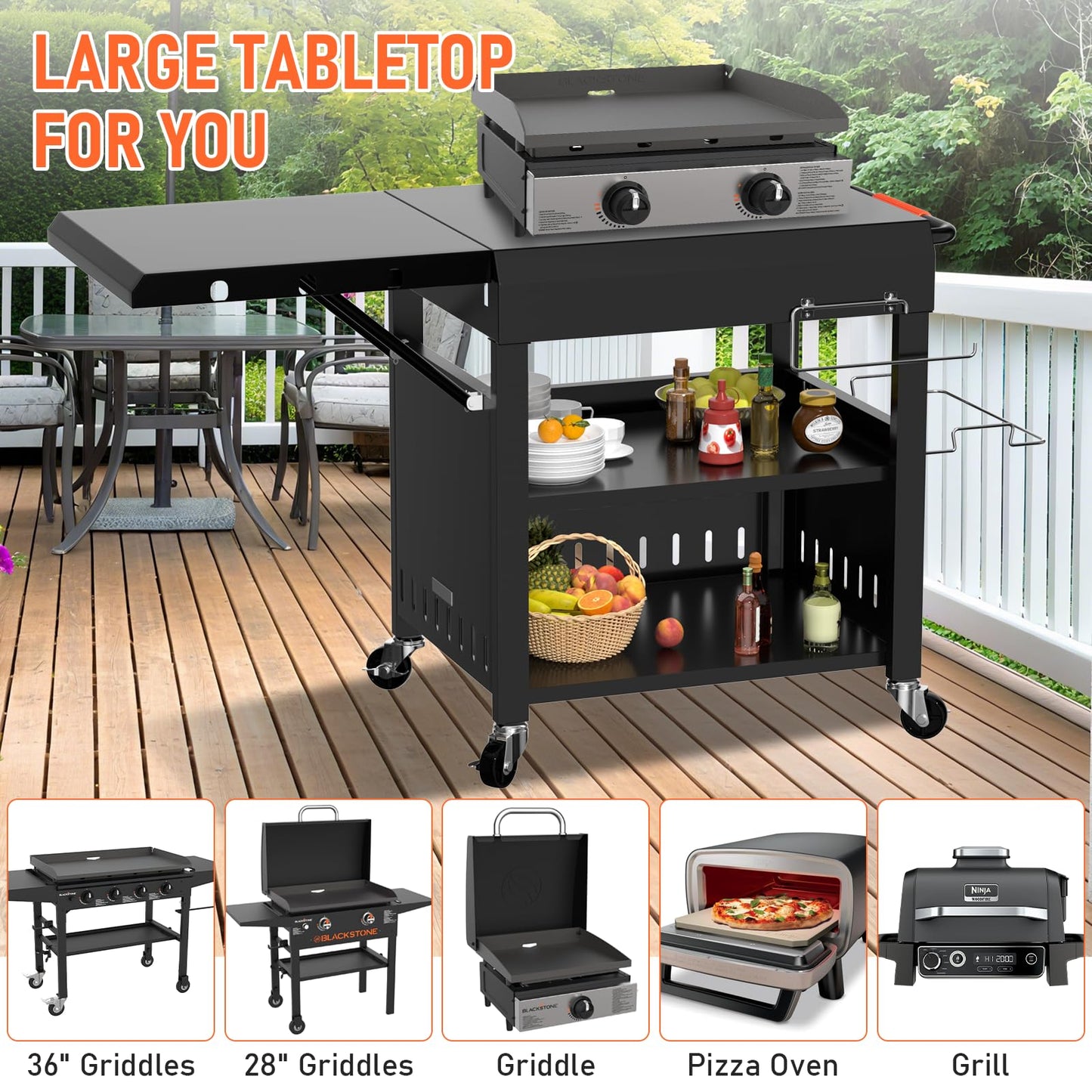 BBQMall Outdoor Grill Table Cart for Blackstone 28"/36" Omnivore Griddle, 50" x 22“ Large Outdoor Kitchen Island with Foldable Side Table for Blackstone 17”/22” Griddle, Home BBQ, Tailgates, Cookouts