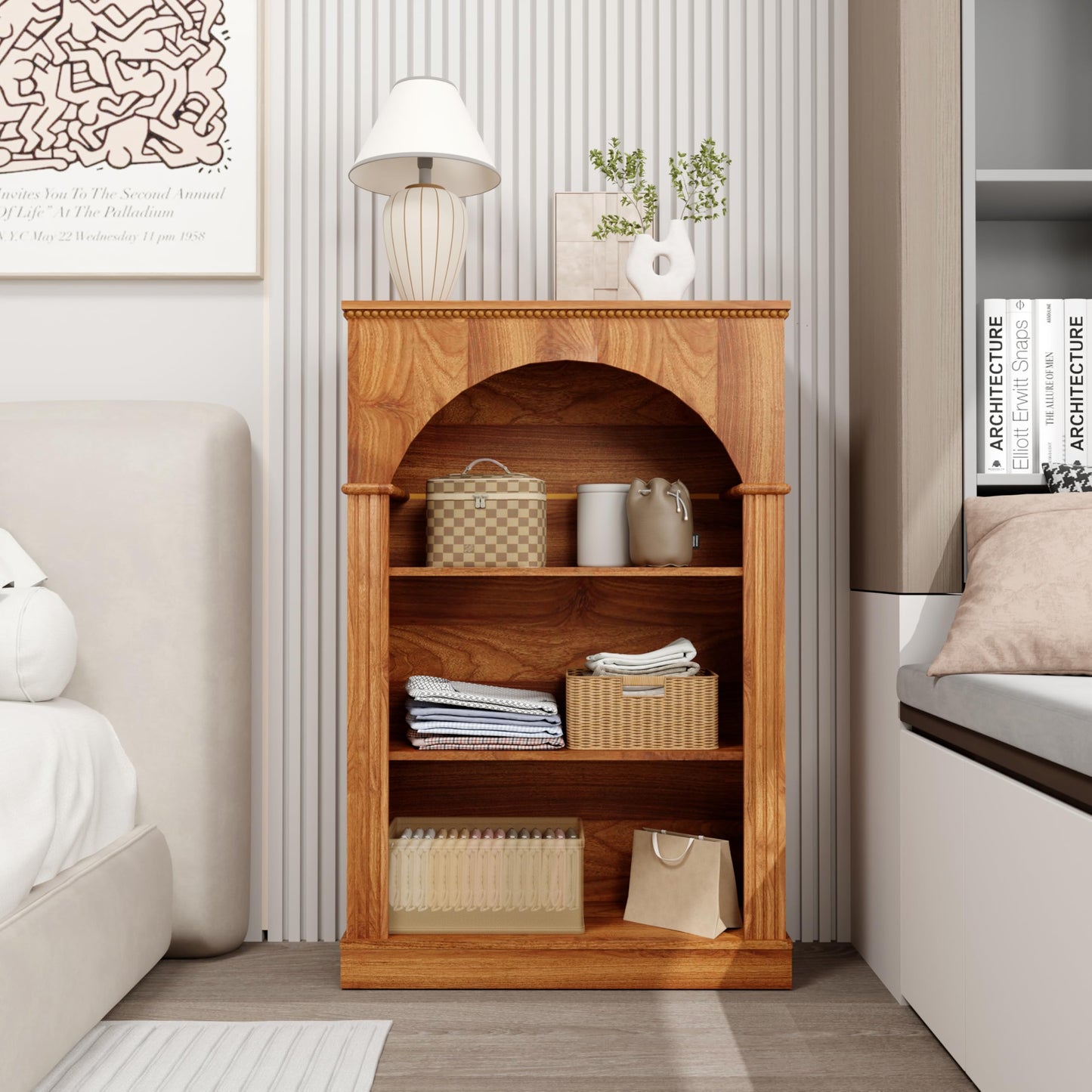 KEIKI 48" H Arched Display Storage Cabinet with Open Shelf, Wood Traditional Curio China Collectibles Book Case Shelves Bookcase for Living Room, Home Office