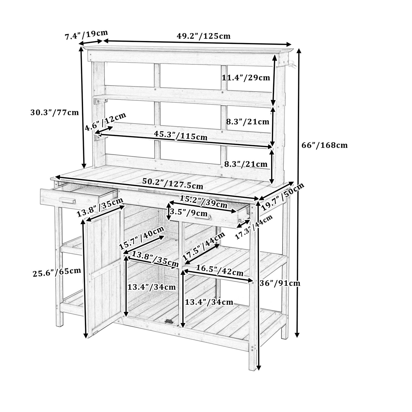 Outdoor Wooden Potting Bench Table – Farmhouse Garden Workstation with Drawers, Cabinet & Storage Shelves, Large Fir Wood Work Table for Patio, Backyard, Mudroom, Greenhouse (Dark Brown, 66'' H)