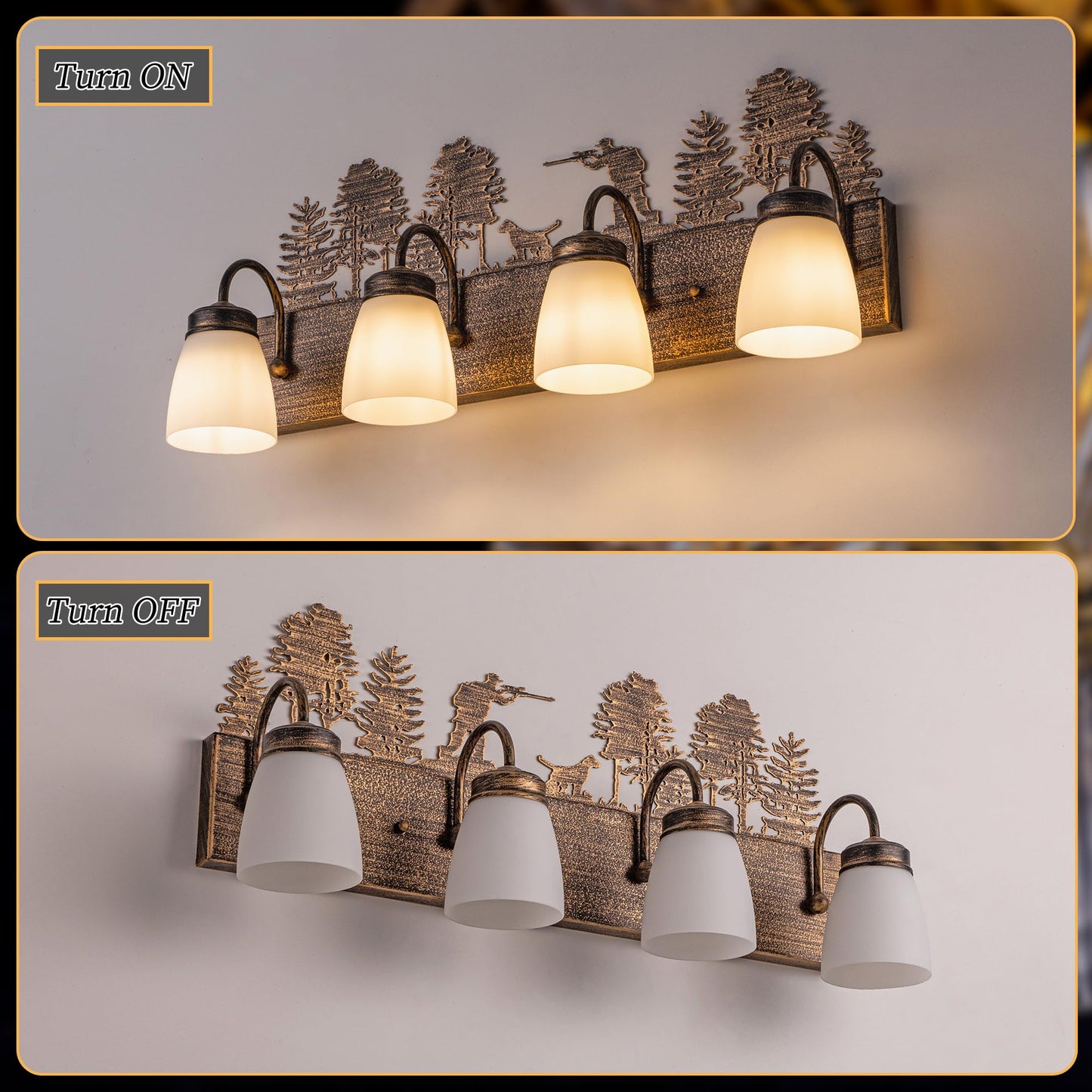 Wellmet Farmhouse Bathroom Vanity Light, 4 Lights Rustic Bathroom Light Fixtures Over Mirror, Bronze Western Sconces Wall Lighting for Mirror Cabinets, Powder Room, Living Room, 27”L