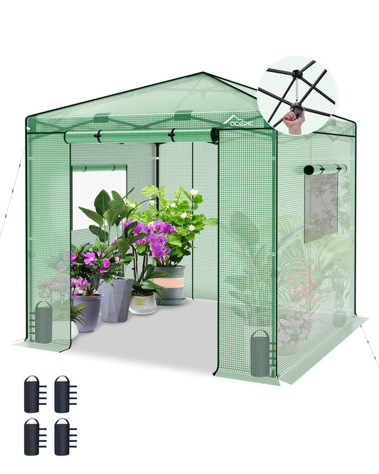 Acepic 8x8 Instant Pop up Greenhouses, Indoor Outdoor Portable Greenhouse Walk-in for All Season, Small Green House with Roll-Up Zipper Doors and Side Windows, 4 Sandbags, Pe Cover, Green/Clear