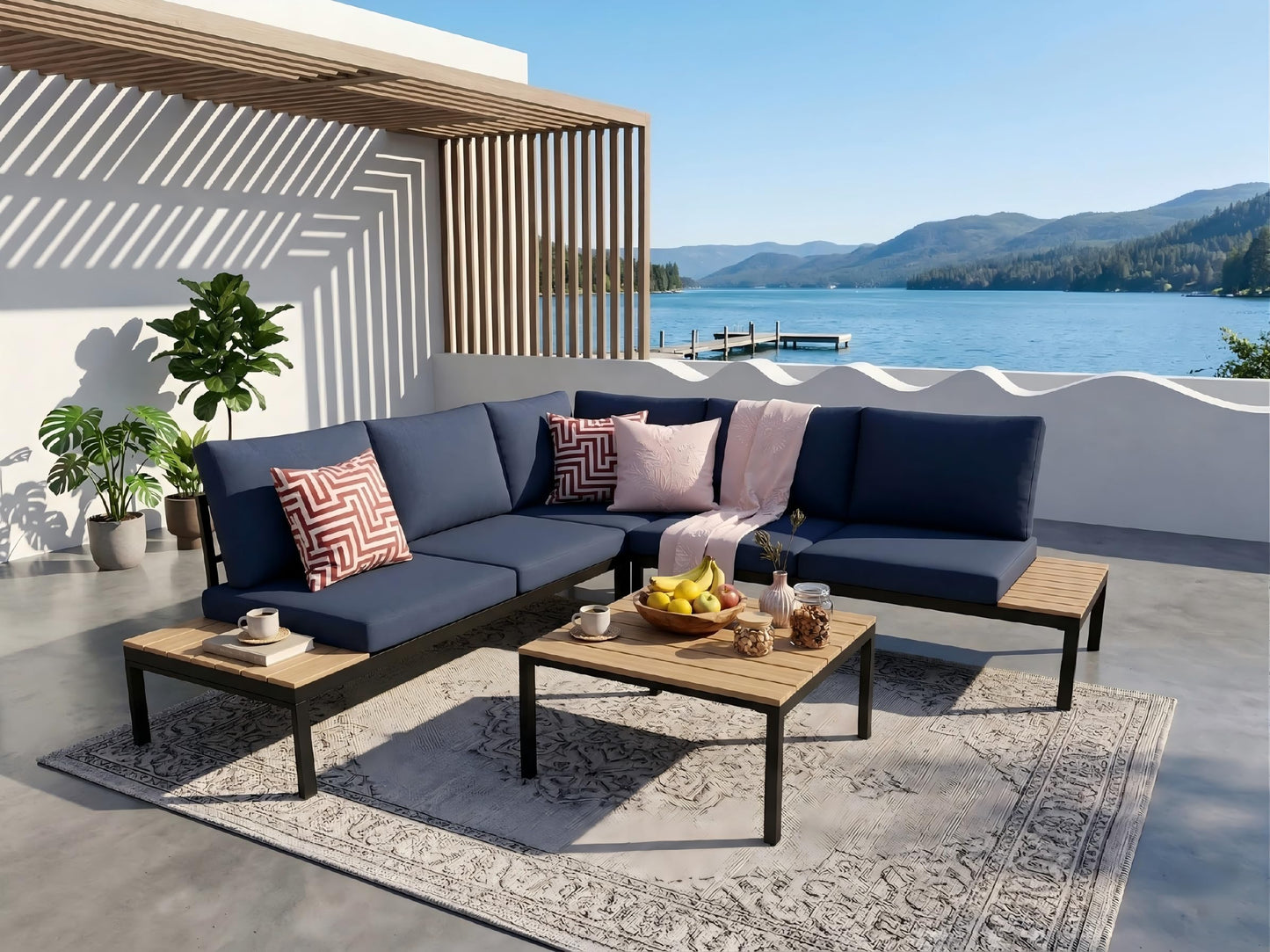 KEIKI 4-Piece L-Shaped Outdoor Patio Furniture Set, Rattan Patio Conversation Set with Coffee Table & 1 Corner Sofa & 2 Double Sofa, Wicker Curved Sectional Sofa Set, for Backyard, Dark Blue