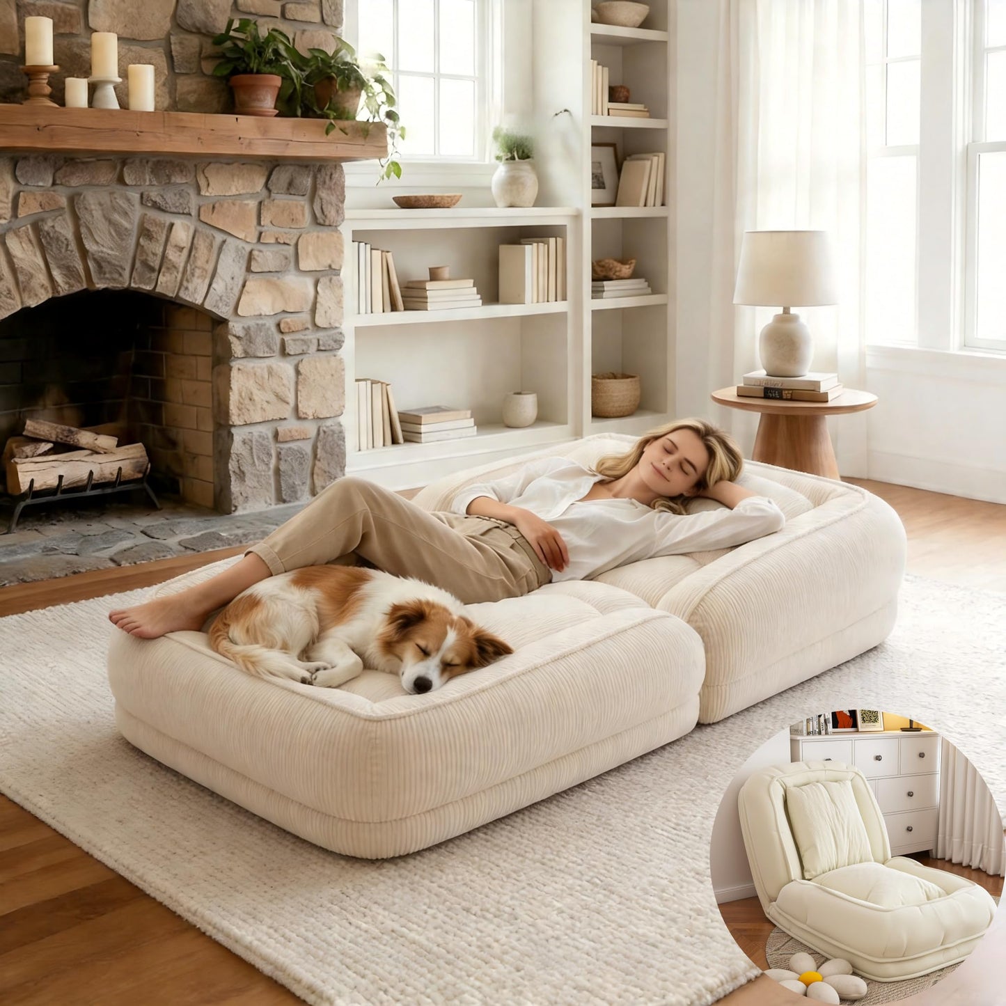 KEIKI Giant Human Dog Bed for People, Adjustable Floor Sofa Bed with 5-Position Backrest & 2 Pillows, Foldable Human Size Dog Bed, Plush Lounge Chair for Adults, Gaming, Reading, Relaxing, Off White