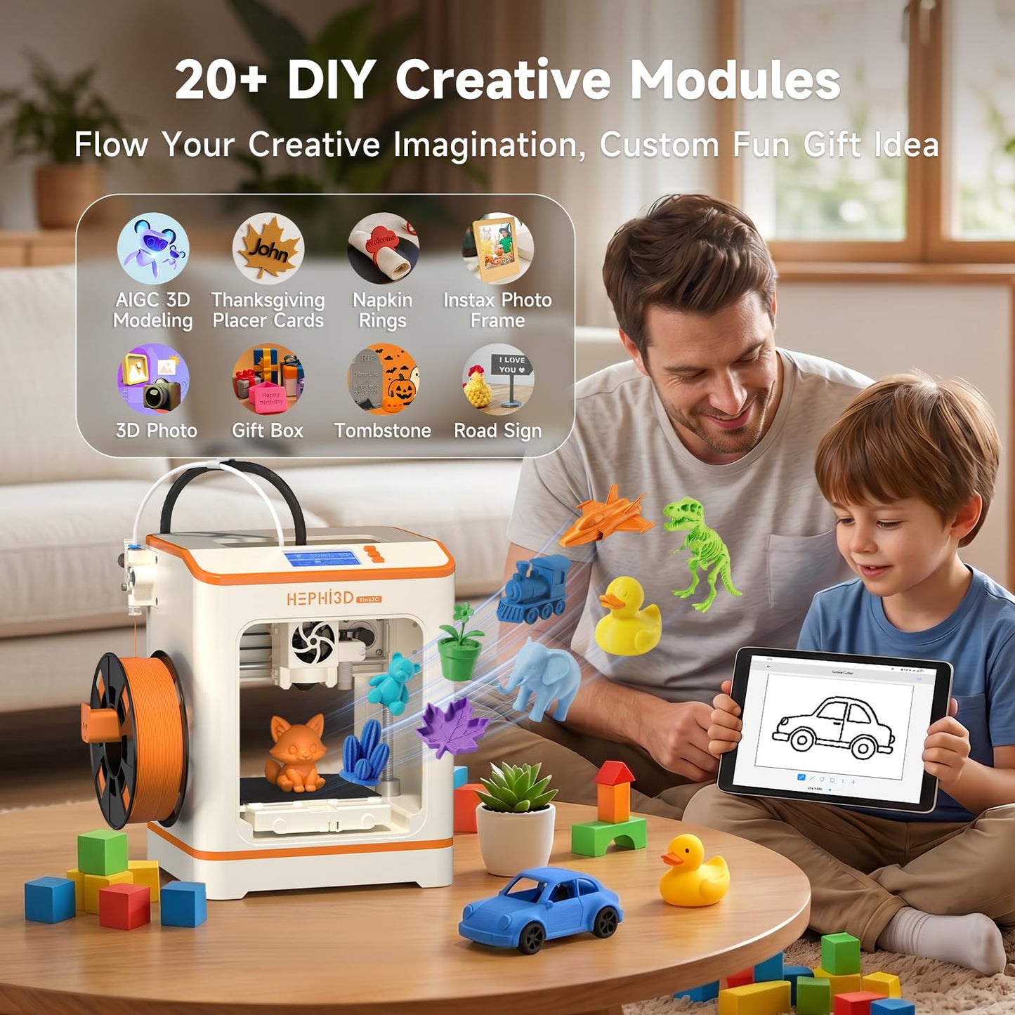 HEPHi3D TINA2C 3D Printer with WiFi Cloud Print, Fully Assembled Mini 3D Printer for Beginners and Kids, Auto Leveling, 3000+ Models APP Control 3D Printers Fully Open Source for Home, School, Office