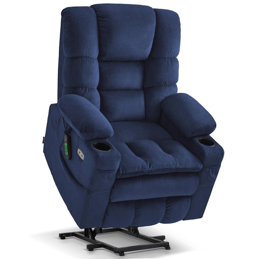 MCombo Triple Motor Lay Flat Power Lift Recliner Chair for Tall Elderly, Infinite Position, Massage, Dual Heating, Adjustable Headrest, Fabric 7634 (Navy Blue, Large)