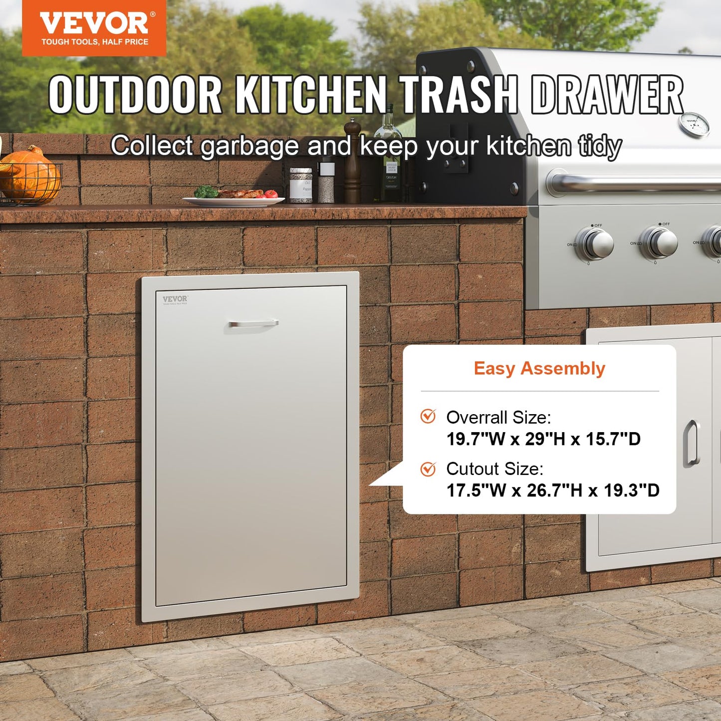 VEVOR Outdoor Kitchen Trash Drawer, 19.7"W x 29"H x 15.7"D Inch, Outdoor Kitchen Cabinets, Stainless Steel BBQ Island Drawers, Trash Pull Out Drawer, Outdoor Grill Drawers, BBQ Trash Bin(Not Included)