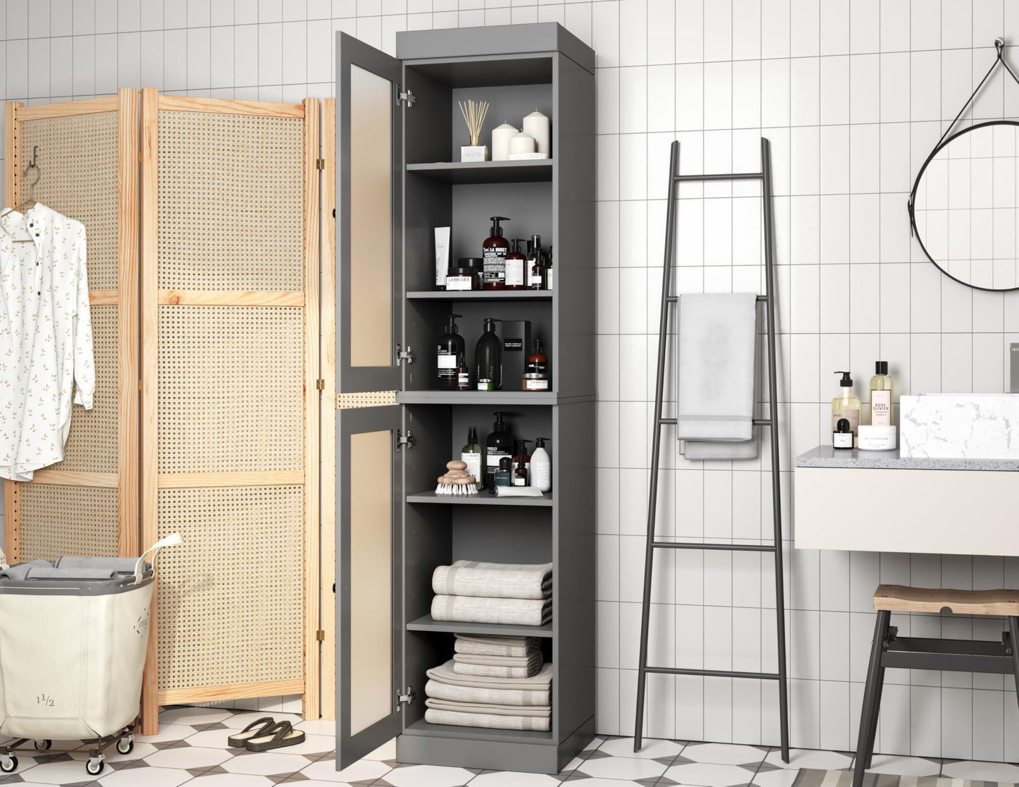 Palace Imports 100% Solid Wood 16.5"" Bathroom Storage Cabinet with Frosted Glass Doors & Adjustable Shelves