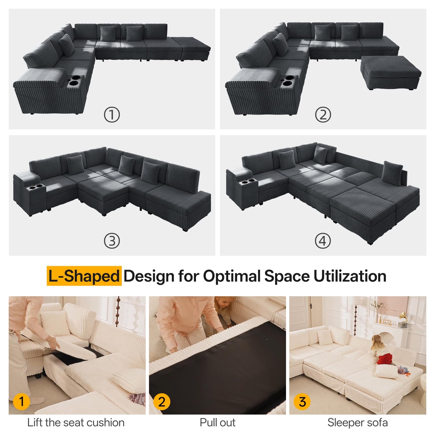 KEIKI 110" L-Shaped Oversized Plush Corduroy Modular Sectional Sofa with Pull-Out Bed, Convertible 6-Seater Sleeper Couch Bed with 1 Ottomans & USB & Cup Holders, Easy Assembly, for Living Room, Gray