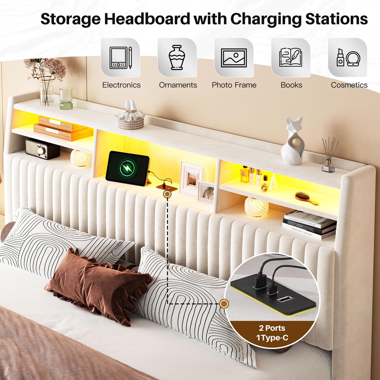 Homkdom Queen Bed Frame, Upholstered Bed Frame with Vertical Channel Tufted Headboard,Velvet Bed Frame Queen with Charging Station and LED Lights, Wooden Slats, Noise Free, Beige