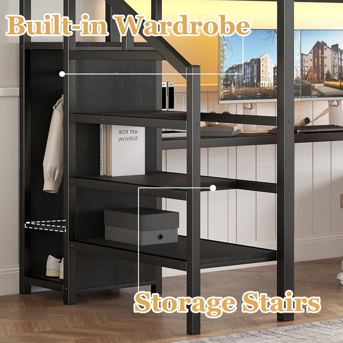 Bellemave Full Size Metal Loft Bed with L Shaped Desk and Wardrobe, Heavy Duty Loft Bed Frame with Storage Stairs, LED Loft Bed Frame with Charging Station & Safety Guardrails, Black