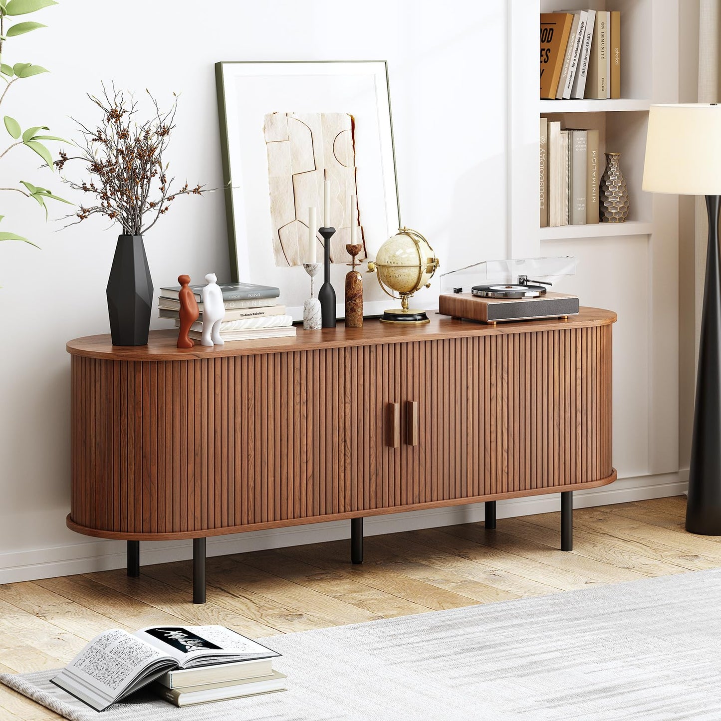 55" TV Stand with Power Outlet, Mid-Century Modern Television Stand, Fluted Media Console with Sliding Doors, Entertainment Center for TVs up to 60 Inch, Adjustable Shelves, Walnut
