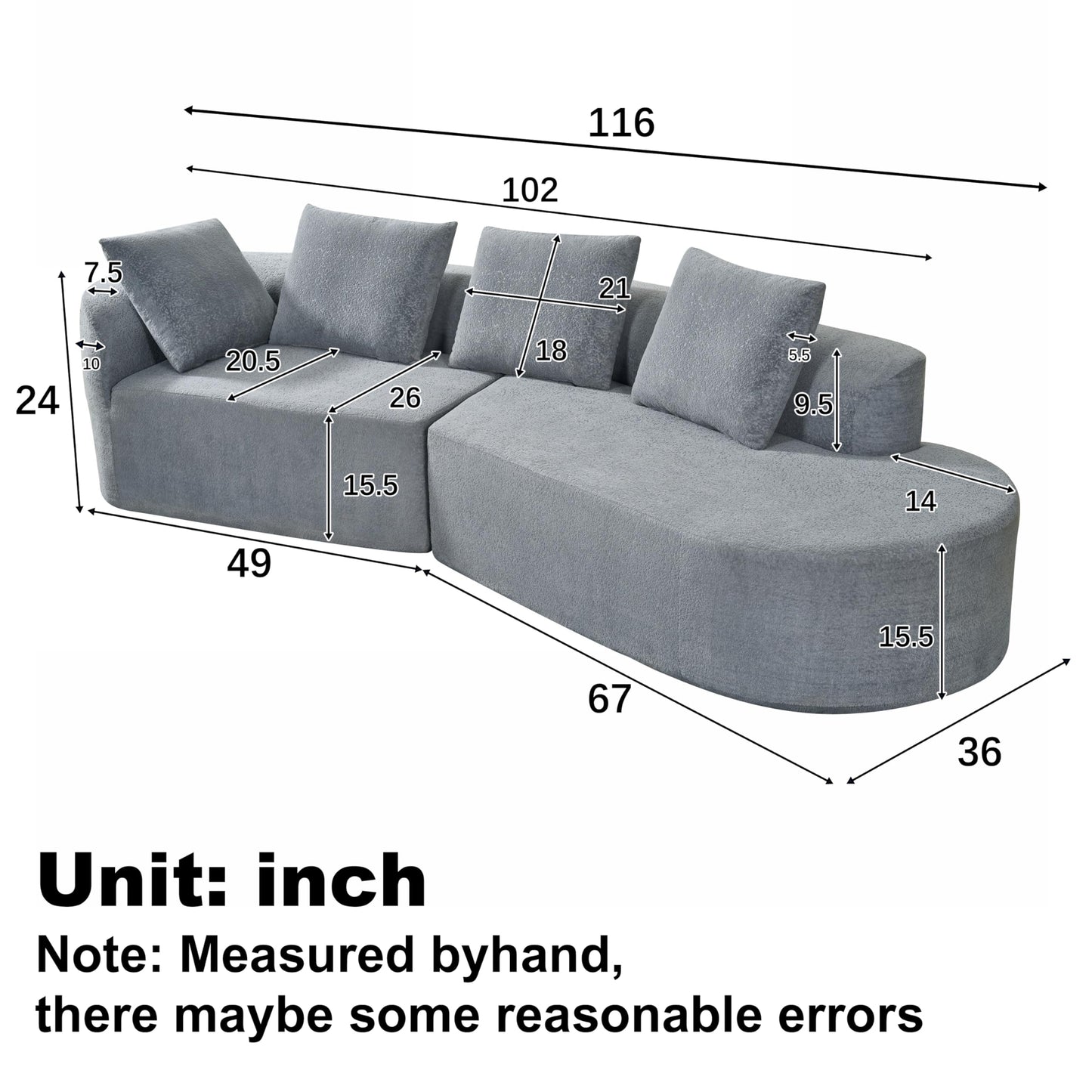 Christopher Knight Home 116" Modern Curved Sectional Sofa 2 Piece Set with Chaise Lounge High-Density Compressed Sponge Couch, Fully Assembled Right Hand Facing Sofa for Living Room Lounge, Light Grey