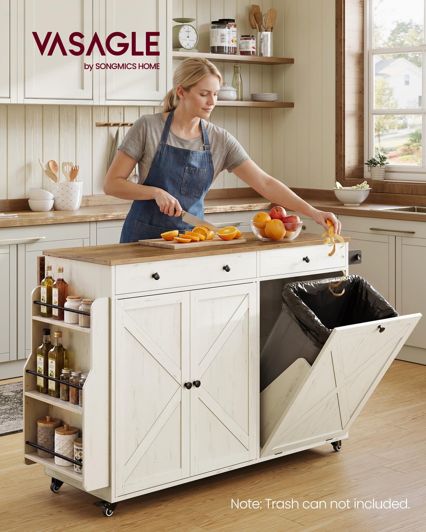 VASAGLE Mobile Kitchen Island with Trash Can Storage, Drop Leaf, Portable Island with Spice Rack, Mobile Cart with Storage Cabinet, for Dining Room, Rustic White and Honey Brown UKKI014WJ01S