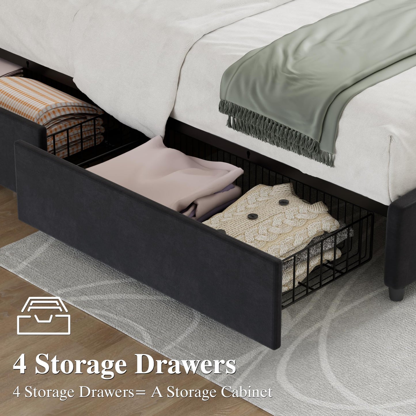 VECELO Full Size Bed Frame with 4 Storage Drawers, Adjustable Height Headboard, Heavy-Duty Platform Bedframe with Strong Wooden Slats, No Box Spring Needed, Black
