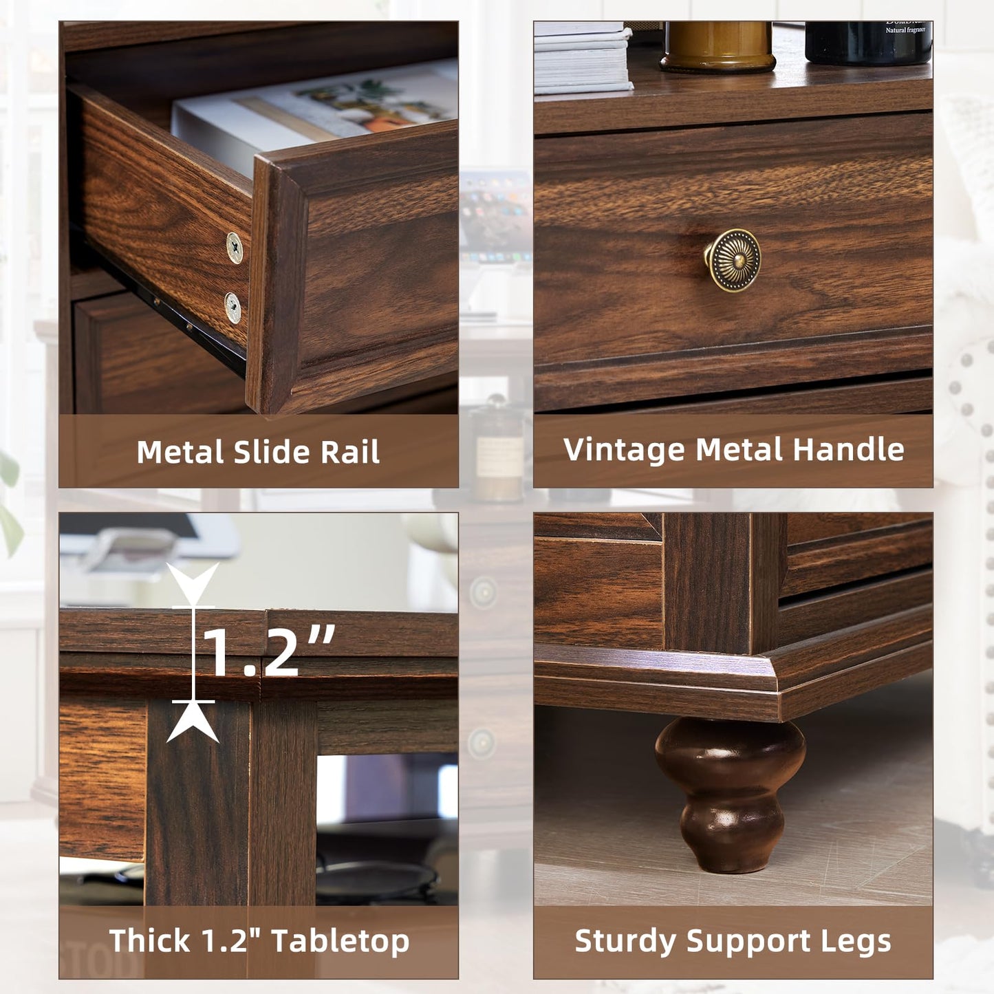 Joaxswe 24" Wide Farmhouse Night Stand Set of 2,Large End Table with 2 Drawers & Metal Handle,Brown Wood Dresser for Bedroom, Bed Side Table Chest of Drawers Cabinet, Nightstand for Living Room,Closet