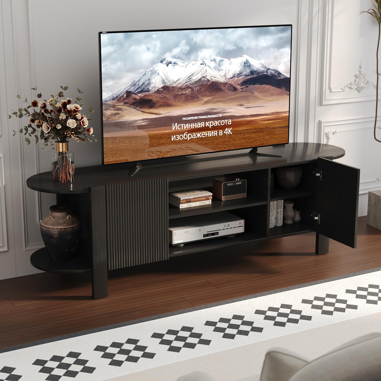 ZOSQUARE 65 Inch TV Stand for Up to 75 inch TVs, Fluted Entertainment Center with Adjustable Shelve, Curved Round Corner TV Console Table with Storage for Living Room, Bed Room (Black)