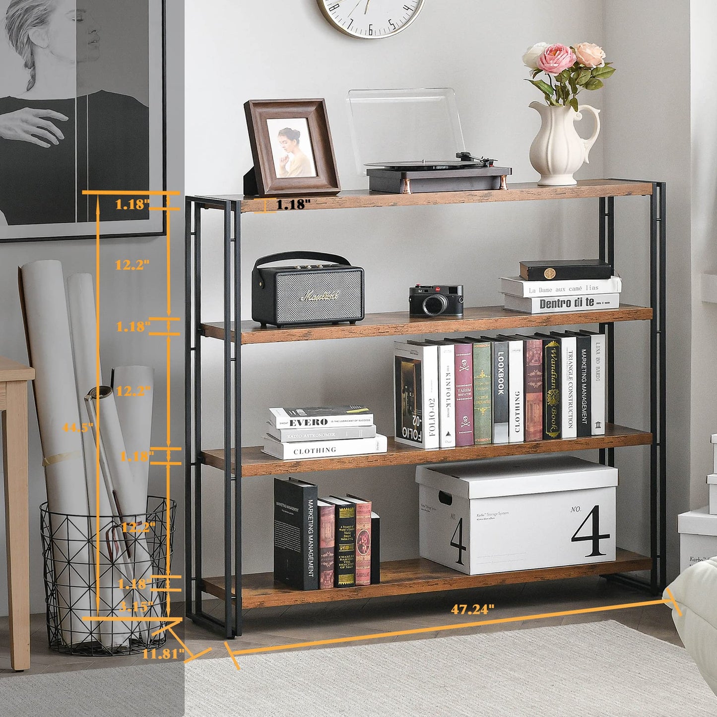 HCHQHS Bookshelf,4-Tier Industrial Bookcase,Rustic Wood and Metal Open Display Book Shelves Home Office,Bedroom Standing Shelf Unit,Horizontal Kitchen Shelf Organizer,Bathroom Storage Rack 47in