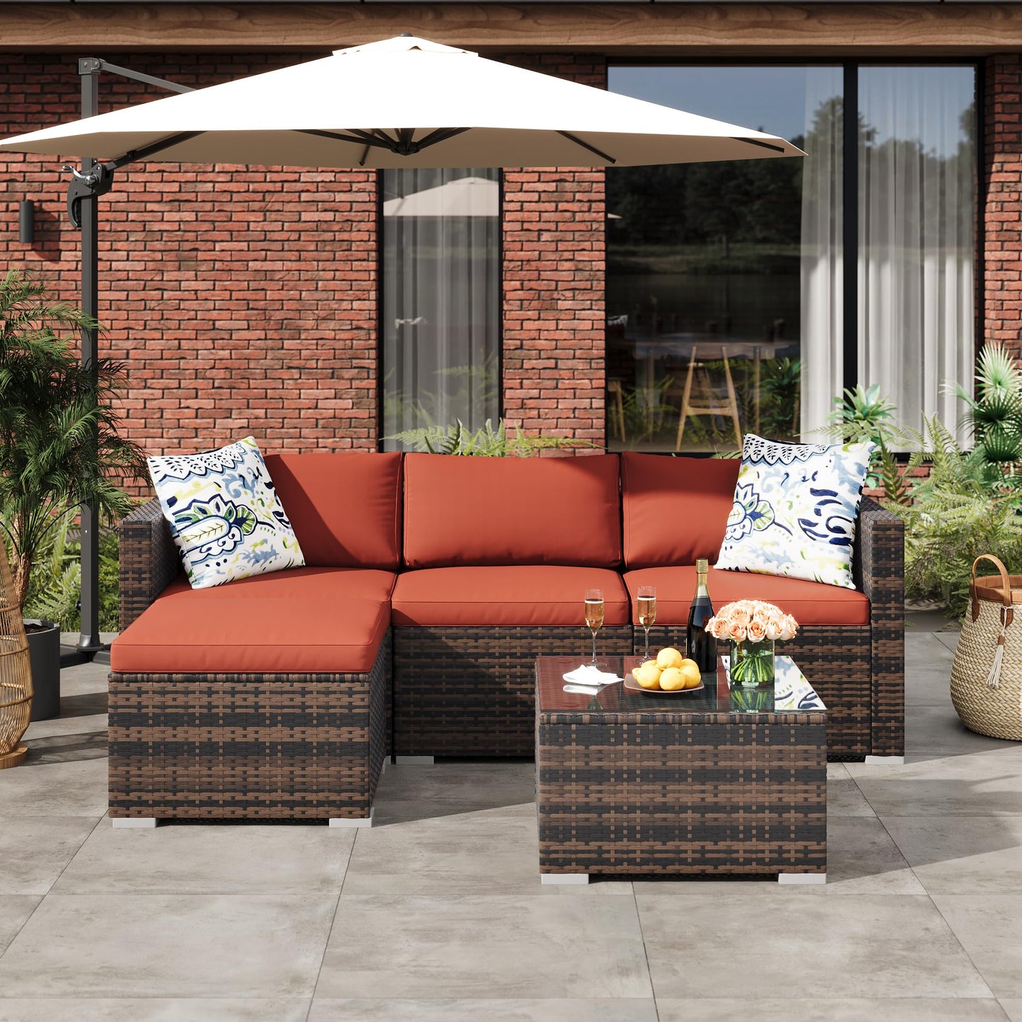 GarveeLife 5 Pieces Patio Furniture Set, Outdoor Sectional Sofa, All-Weather Wicker Conversation Set with Ottoman & Glass Coffee Table, Rattan Couch Seating for Garden, Backyard, Poolside, Wine Red