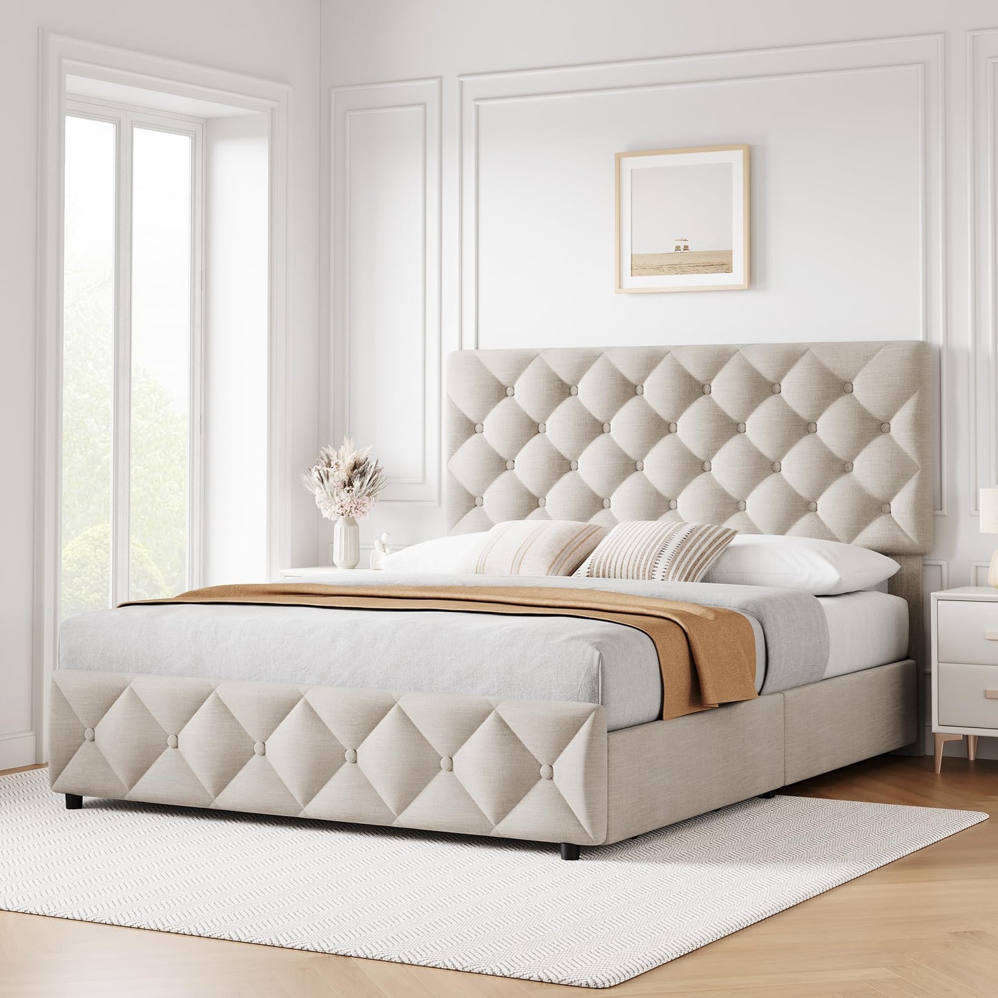 IDEALHOUSE Full Size Bed Frame with 4 Drawers, Upholstered Platform Bed Frame with Headboard, Wooden Slat, No Box Spring Need, Beige