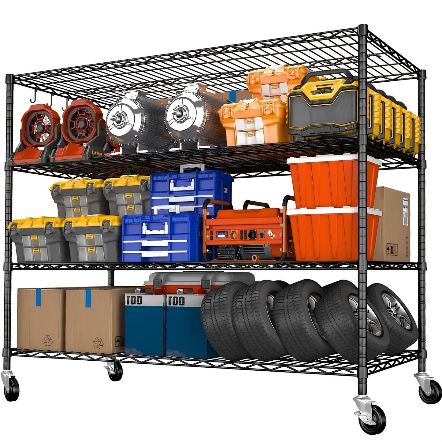 Mapleyard Heavy Duty Garage Shelving with Wheels: 55.5" W x 24" D x 81" H 4 Tier Wire Metal Storage Shelves, Adjustable NSF Commercial Shelf, Rolling Tote Rack Organizer for Pantry, Warehouse, Black