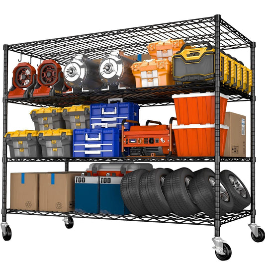 Mapleyard Heavy Duty Garage Shelving with Wheels: 55.5" W x 24" D x 81" H 4 Tier Wire Metal Storage Shelves, Adjustable NSF Commercial Shelf, Rolling Tote Rack Organizer for Pantry, Warehouse, Black