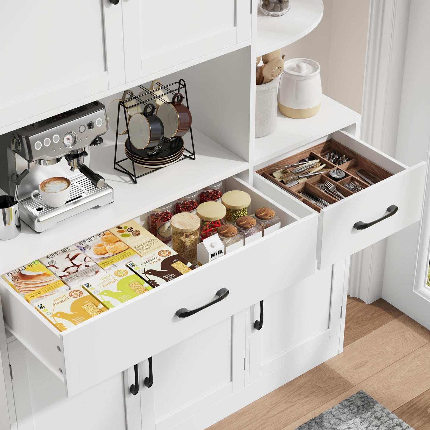BOTLOG 67" Kitchen Pantry Cabinet, Modern Kitchen Hutch with 5 Doors and 2 Drawers, 3-Tier External Shelf, Large Pantry Storage Cabinet with Microwave Stand for Dining Room (White)