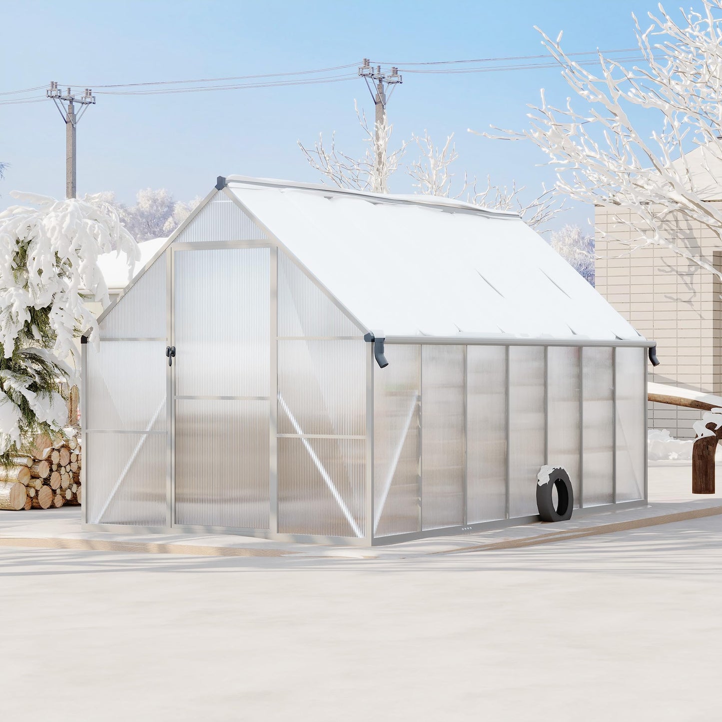 CABIHOME 8x14 FT Outdoor Greenhouse, Polycarbonate Greenhouse with Roof Vent and Ground Nails, Aluminum Large Walk-in Green House w/ Lockable Push Door for Outdoor Garden (Sliver, 8x14 FT)