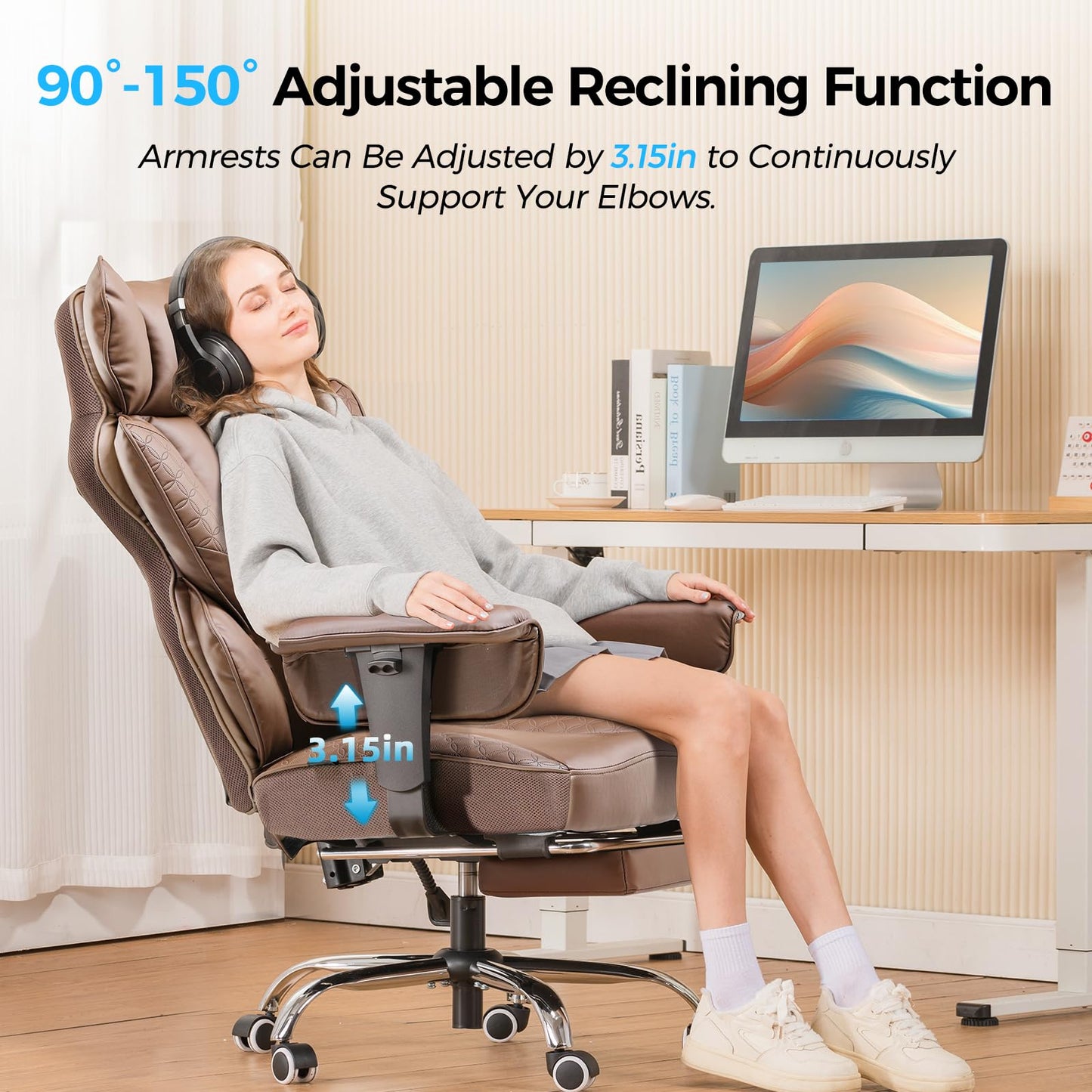GTPLAYER Big and Tall Gaming Chair 400lbs Heavy Duty Office Chair with Foot Rest & Ergonomic Pocket Spring Lumbar Support, High Back 3D Saddle Shaped Cushion for Back Pain Relief, Brown