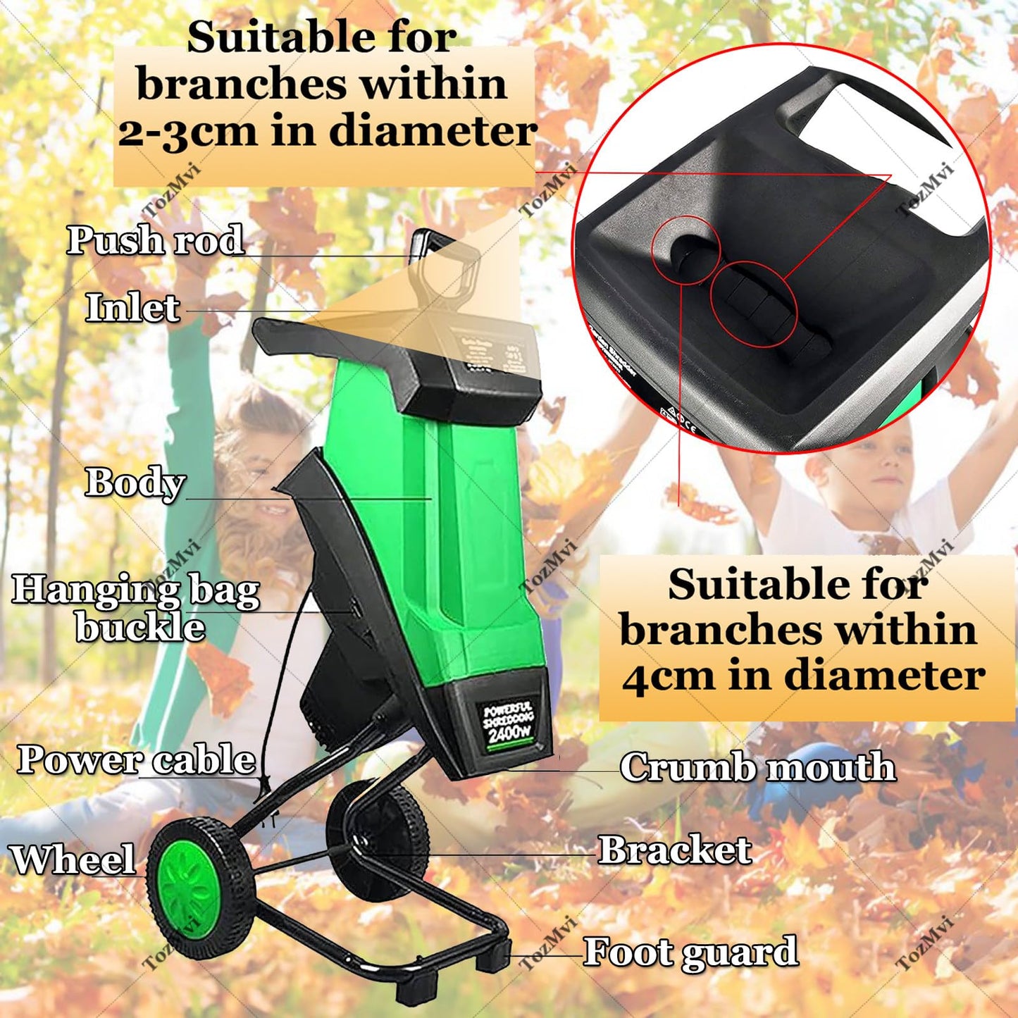 2400W Electric Wood Chipper & Shredder with Wheels, Efficient Leaf Mulcher for Yard Cleanup, 4500 RPM High-Power Garden Waste Shredding Machine, 50L Collection Bag Included
