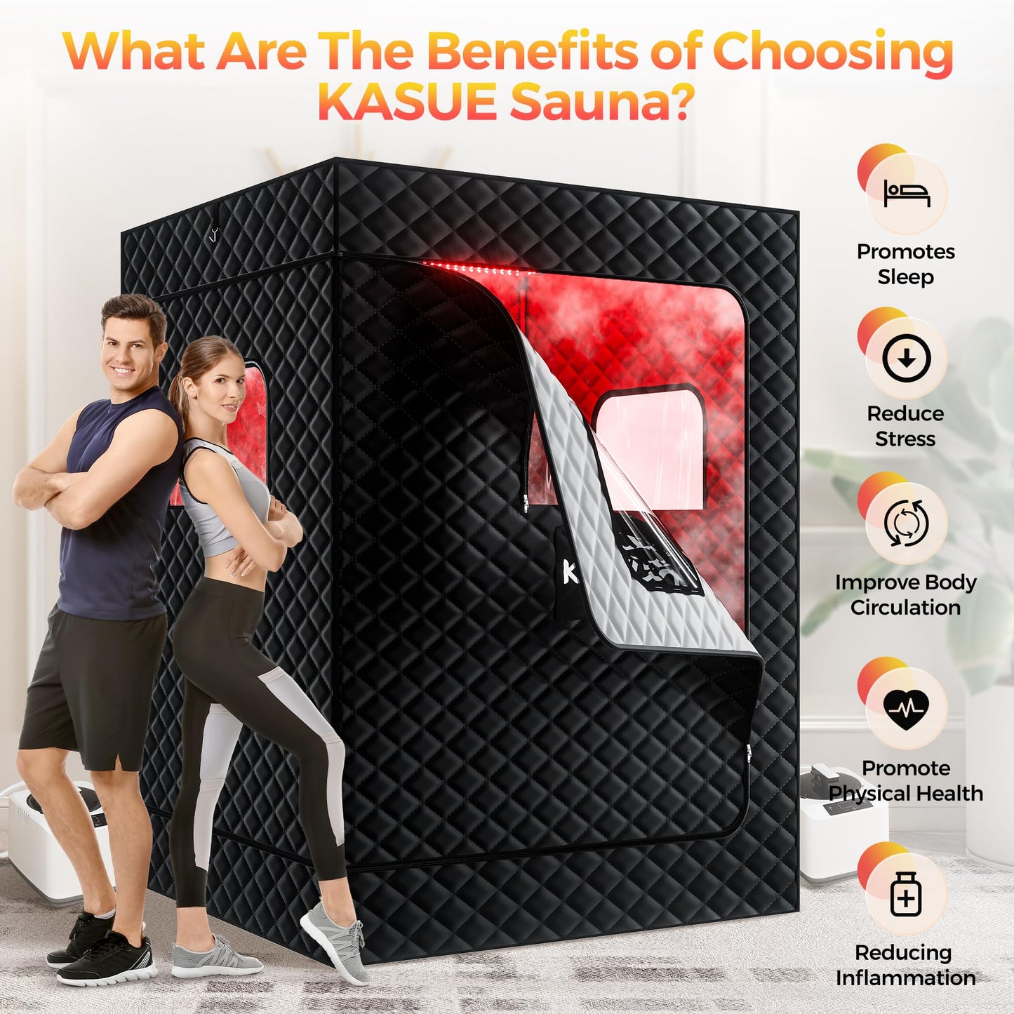 KASUE Upgraded 2 Person Sauna Box, Portable Infrared Sauna with 5-Layer Waterproof, 2 Steamers, 2 Folding Chair, 71”x 36”x 49” for Indoor, Outdoor, Gym, Spa, Carbon Black