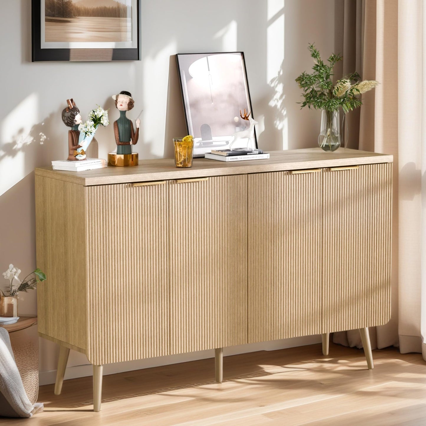 Trygoal Fluted Sideboard Buffet Cabinet with Storage, 4 Door Modern Credenza with Shelves, Wood Entryway Cabinet for Dining Room, Bedroom &Living Room (Natural Wood)