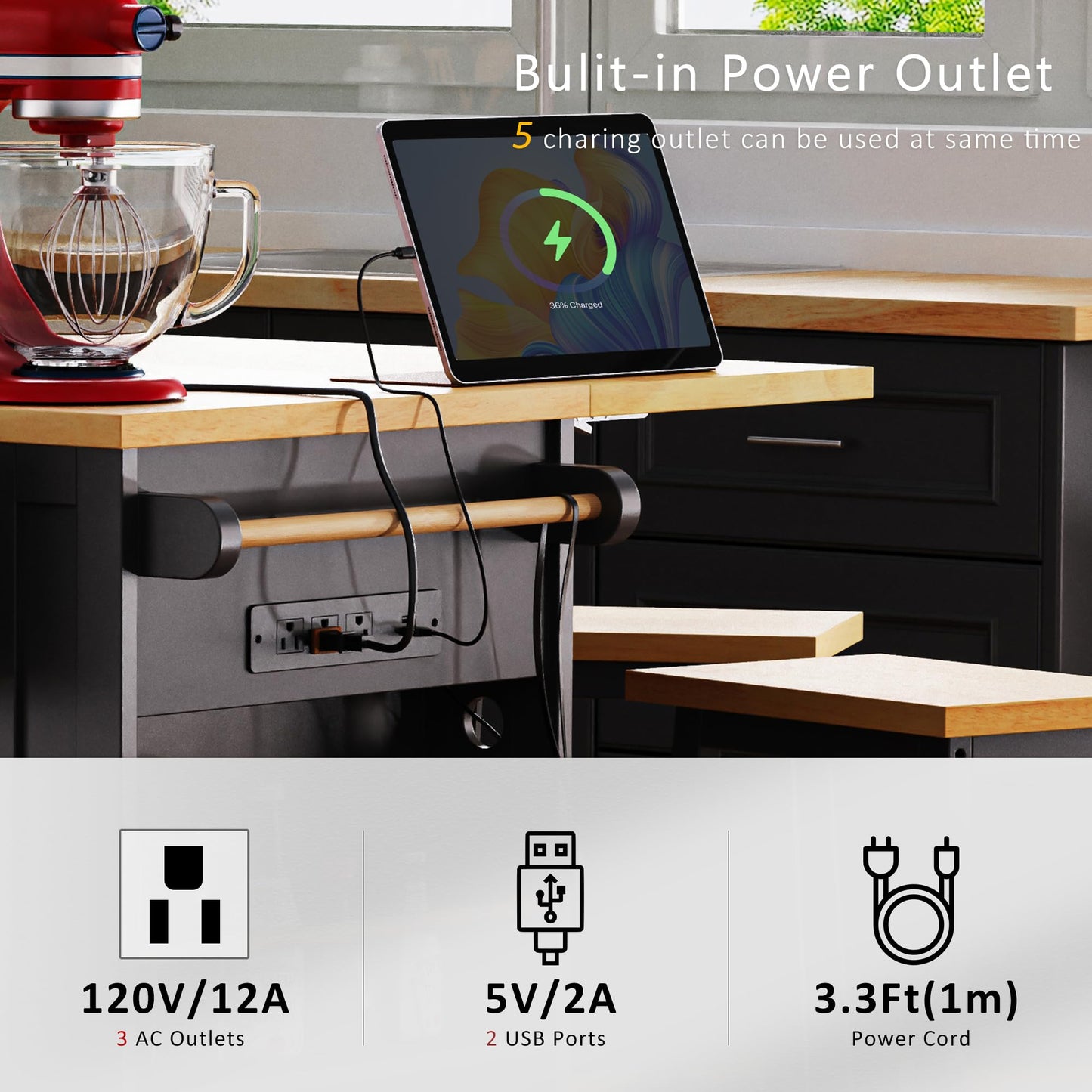Merax 53" Large Kitchen Cart Storage Island on 5 Wheels with Drop Leaf,Power Outlet,Internal Rack for Kitchen Dining Room