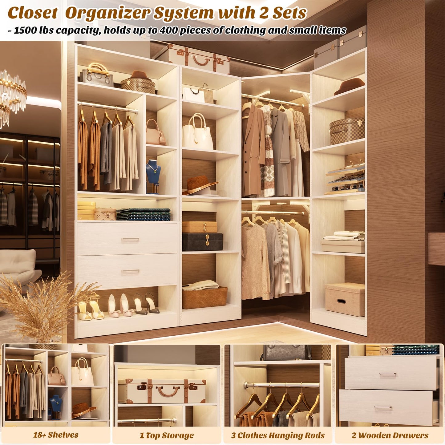 Besiost Corner Closet System with 2 Sets, 63.2" Corner Closet Organizer System with 2 Drawers + 18 Shelves + 3 Hanging Rods, Reversible L Shaped Walk-in Closets, White (63.2" L x 39.2" W x 80" H)