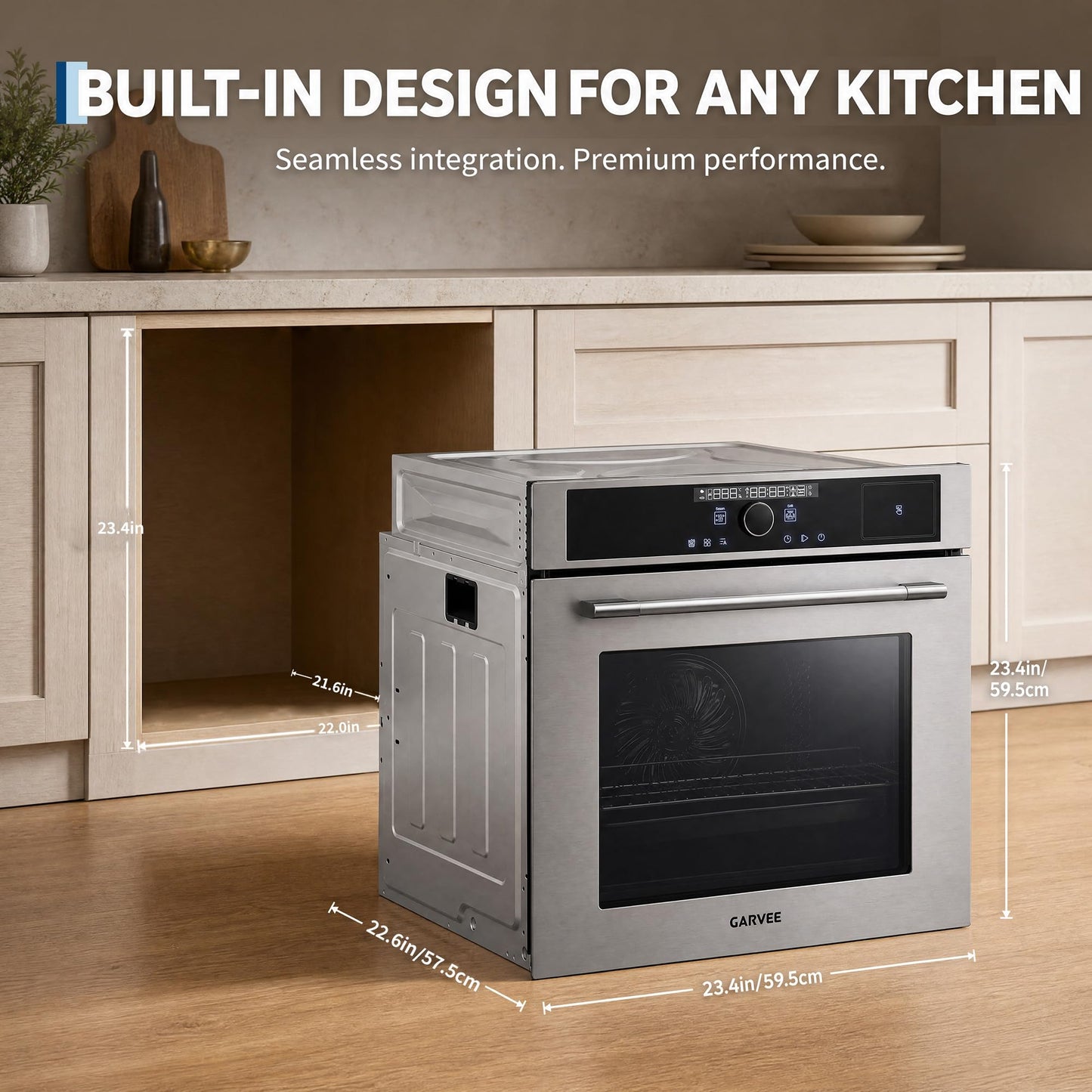 Garvee 24 Inch Built-in Single Wall Oven, 2.5 Cu. ft. Electric Oven, 3000W Power, 5 Cooking Functions, Touch & Mechanical Knob Control, Double Layer Low-e Glass Door, ETL Certified, Silver