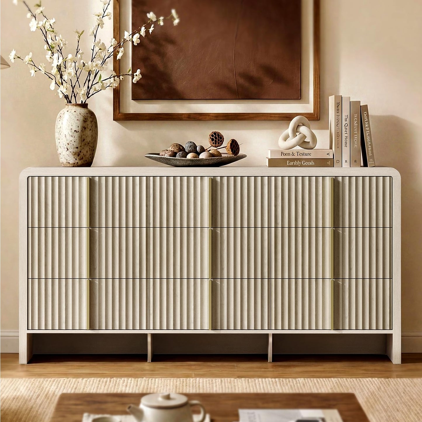 ModernMate Fluted 9 Drawer Dresser for Bedroom, 64.2" Wide White Chest of Drawers, Modern Wood Storage Cabinet with Metal Handles, Anti-Tip Clothes Organizer, White Alder