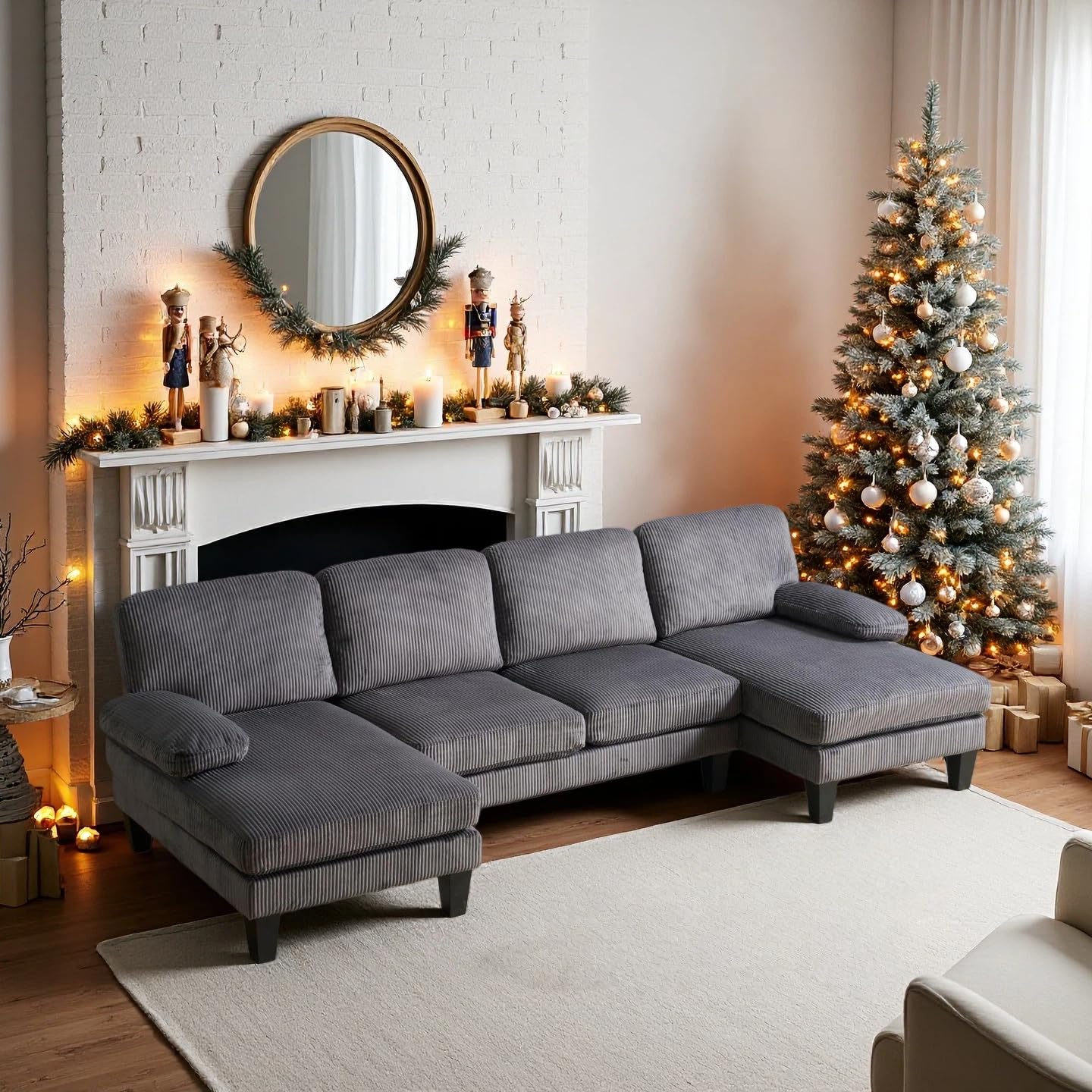 VINGLI 110" Sectional Couches for Living Room,U Shaped Couch with Double Chaise, 4-Seat Sofa Set with Corduroy Fabric for Home Furniture,Grey