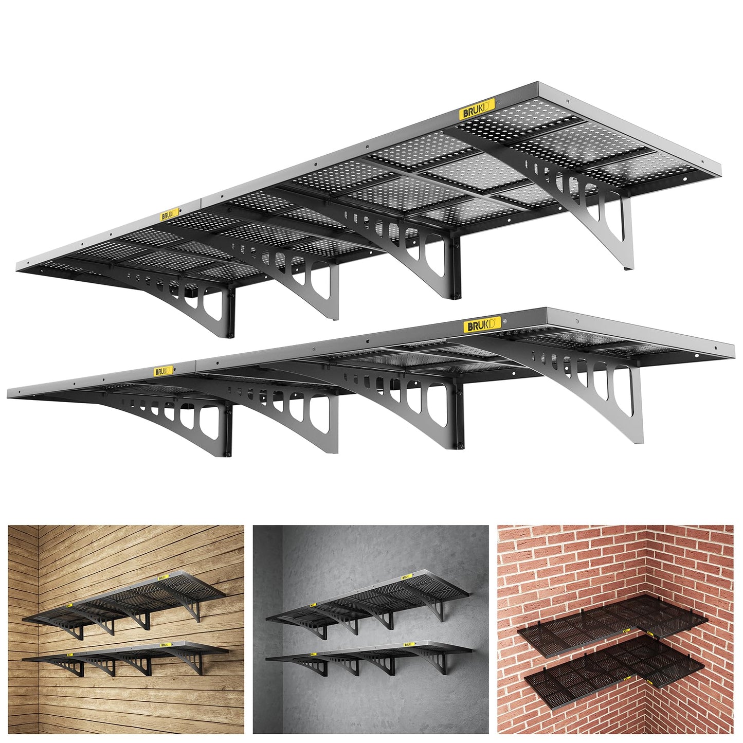 Brukid 4Pack 2x3ft Adjustable Metal Garage Wall Shelving Heavy Duty Garage Storage Shelf Wall Mounted Black