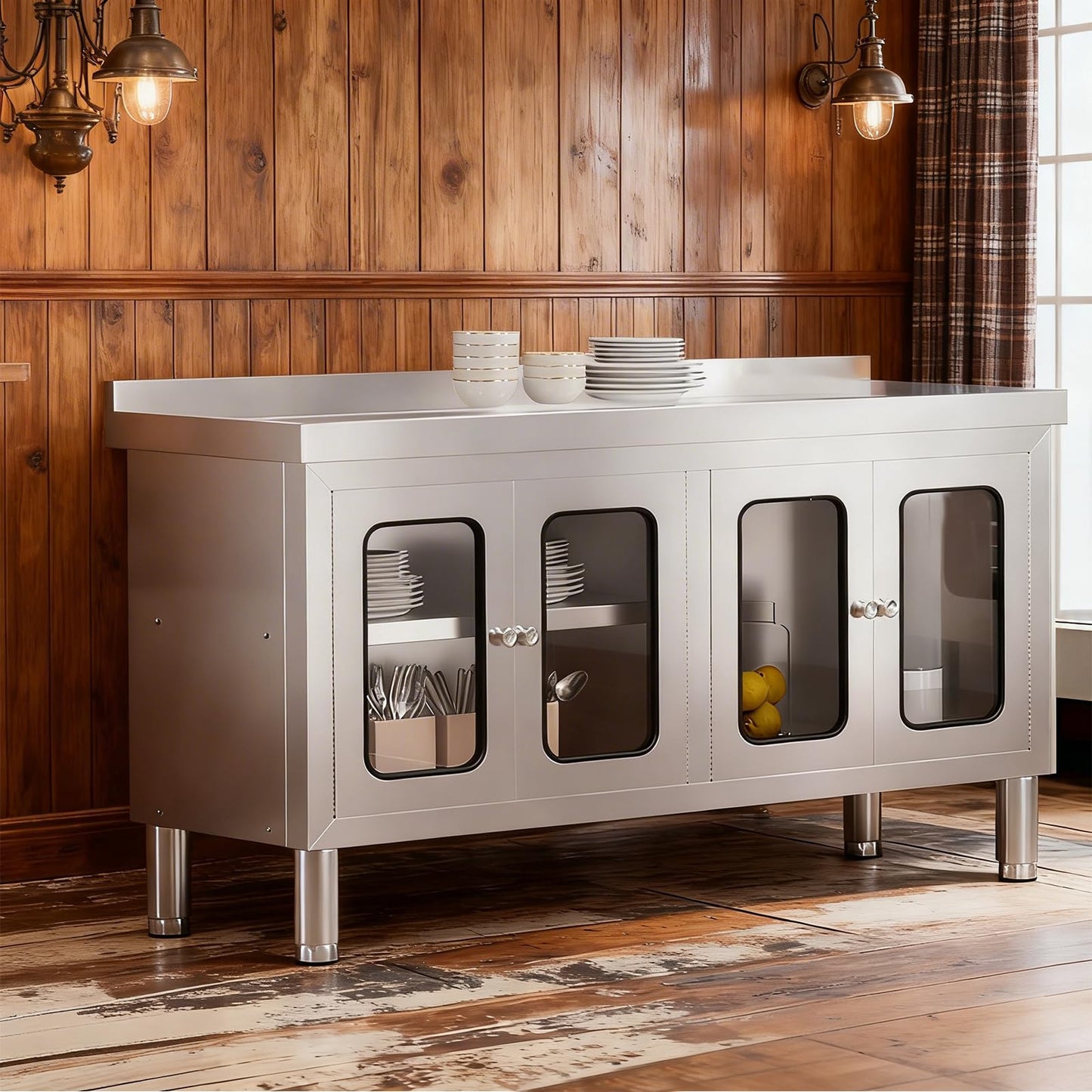 59" Stainless Steel Table Cabinet Heavy Duty Prep Table with 304 Stainless Steel Worktop and 4 Glass Doors Commercial Worktable Workbench with Storage Cabinet for Kitchen Garage Restaurant Outdoor