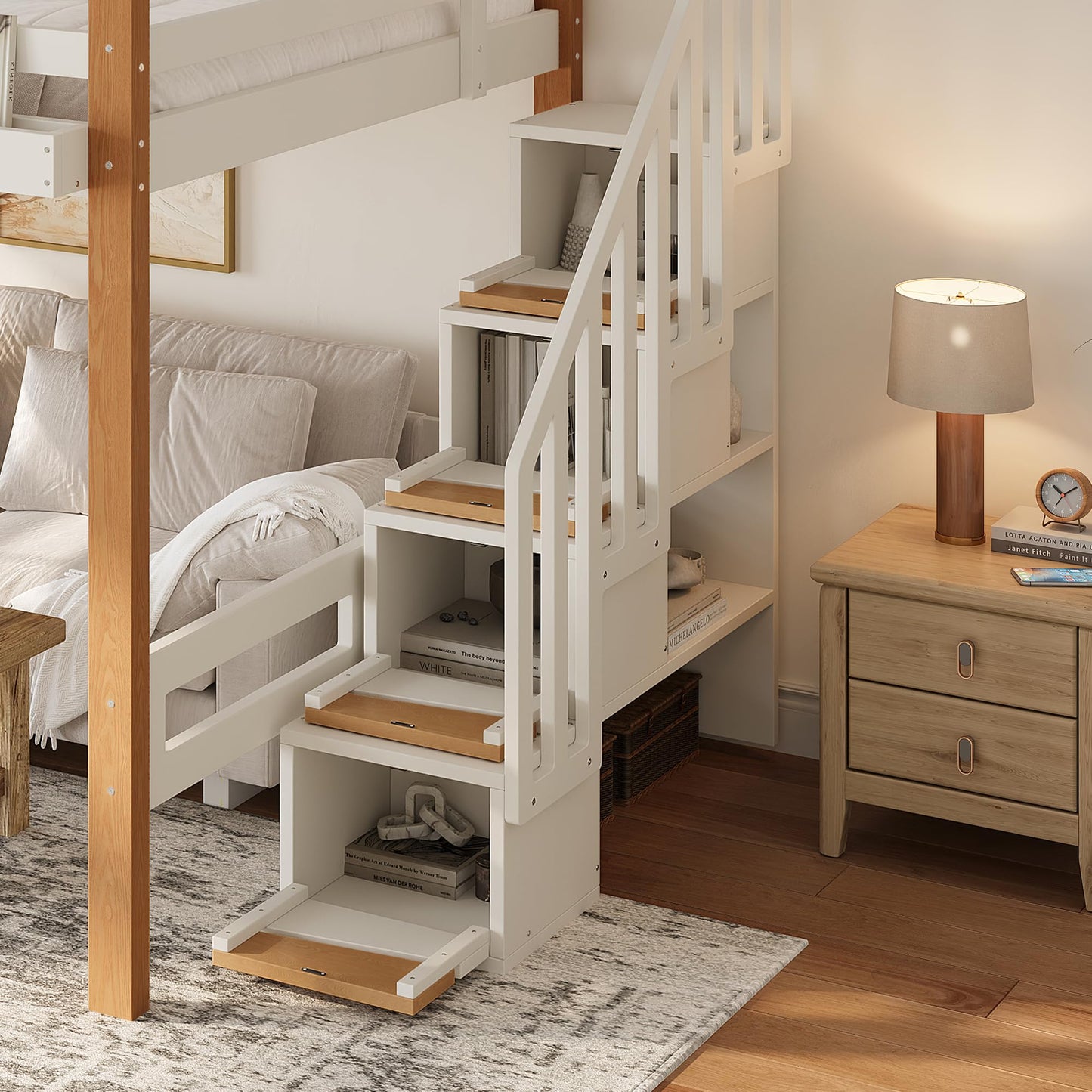 KEIKI Full Size Wooden Loft Bed Frame with Staircase & Clothes Hook & Built-in Storage Shelves, Modern Loft Bed with Solid Slat & Guardrail, No Box Spring Required, Easy Assembly, for Bedroom, Beige