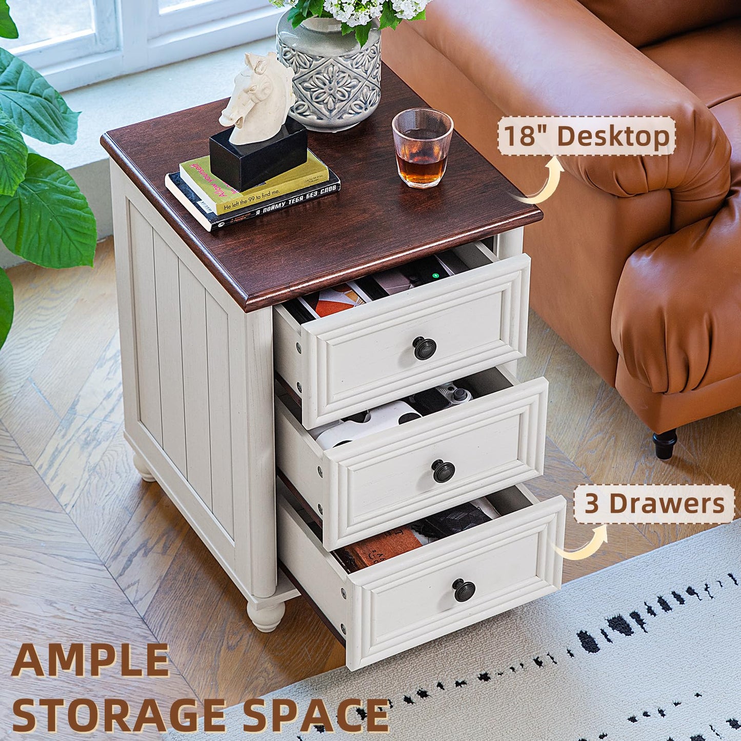 RWYHG 18" Farmhouse Night Stand Set of 2, White Wood Nightstand with 3 Drawers, Bedside End Table with Storage and Roman Column, Bed Side Tables Cabinet for Bedroom, Living Room, and Closet