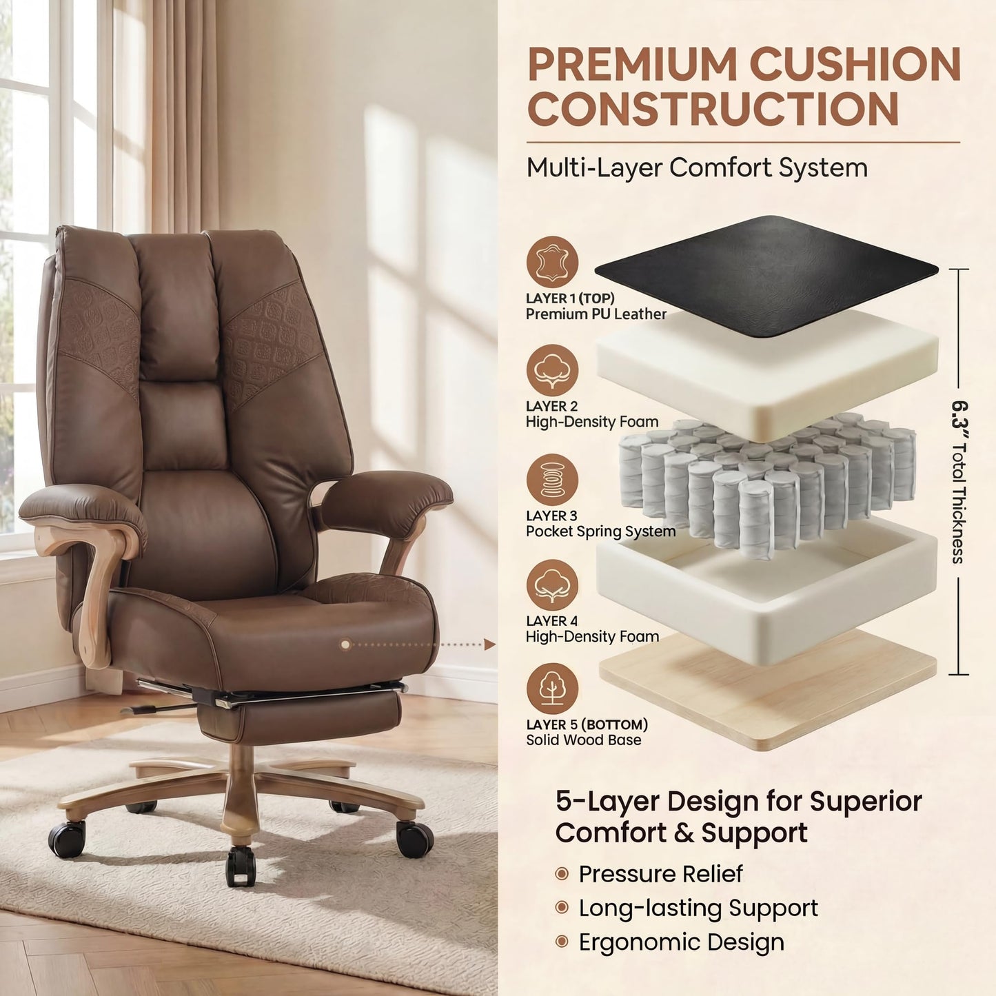 EXCEBET Big and Tall Office Chair 400lbs Wide Seat, Ergonomic Executive Desk Office Chair with Footrest, High Back PU Leather Chair with Lumbar Support, Padded Armrests, Heavy Duty Base, Brown