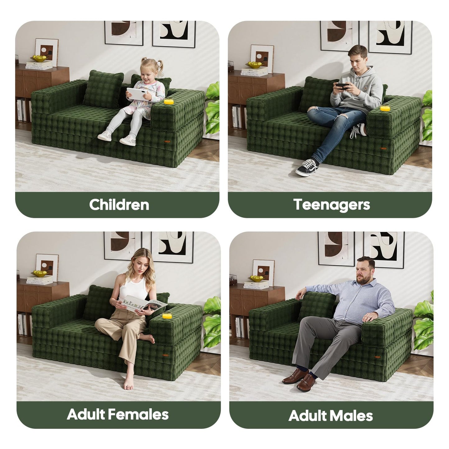 COMAX Futon Sofa Bed, 4‑in‑1 Convertible Sofa Bed, Folding Boneless Couches for Living Room, Fold Out Small Foldable Loveseat Floor Sleeper Comfy Mattress Lounge Space‑Saving, Classic Green