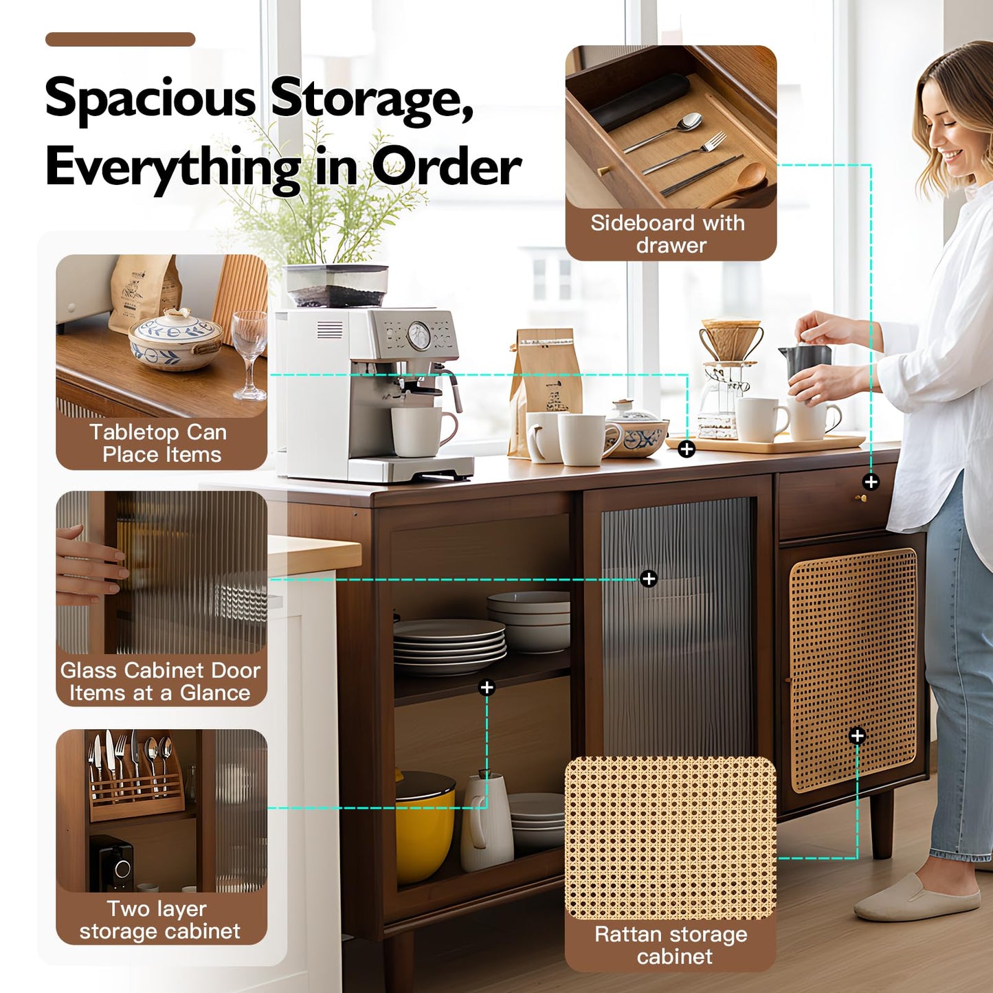 Tiita Bamboo Sideboard Buffet Cabinet, Rattan Kitchen Storage Cabinet with Drawer, Boho Coffee Bar Tables for Kitchen Hallway Office, Walnut