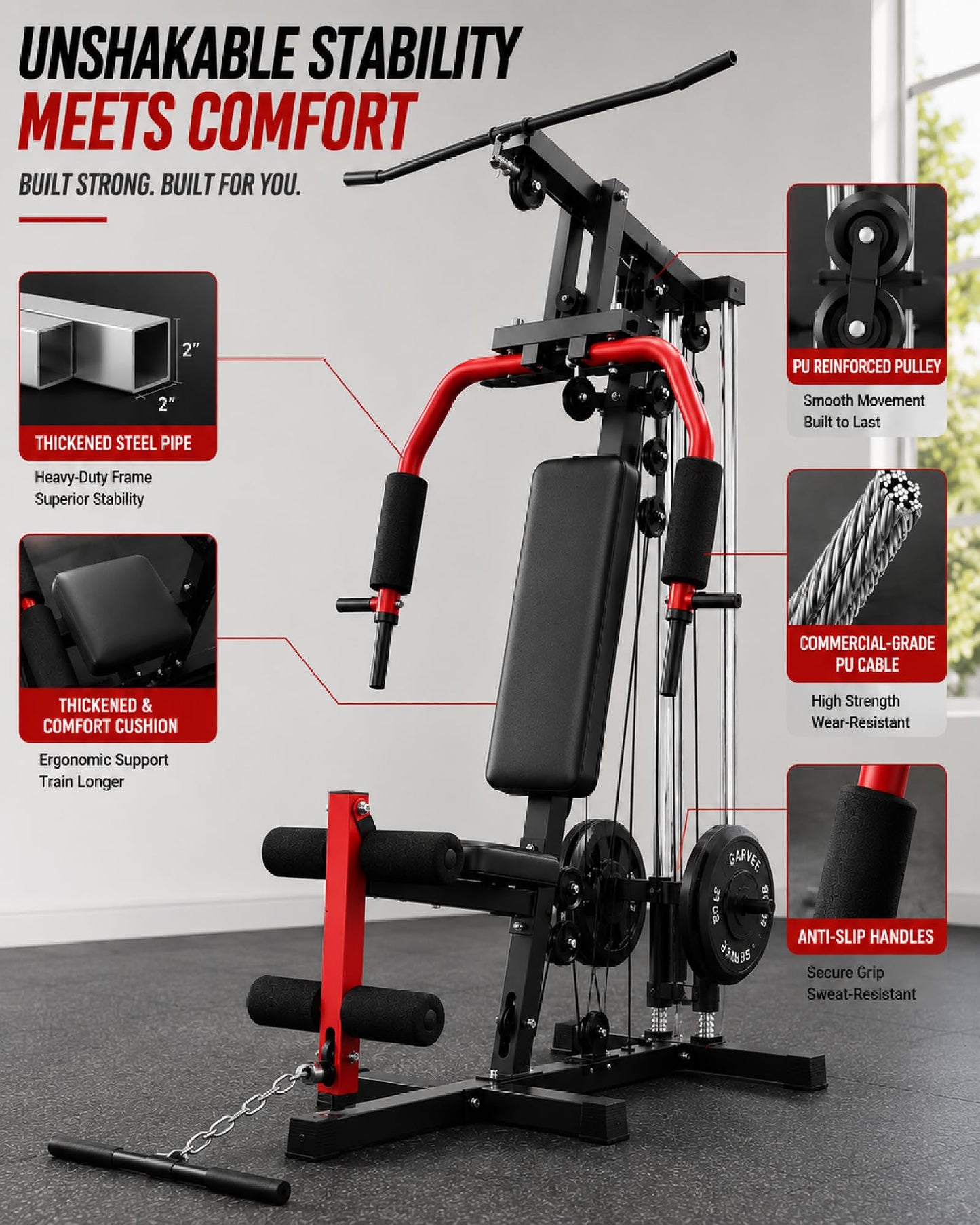 Home Gym Machine, Multifunctional Workout Equipment for Strength Training, Full Body Home Gym with Chest Press, LAT Pulldown, Leg Extension & Cable System