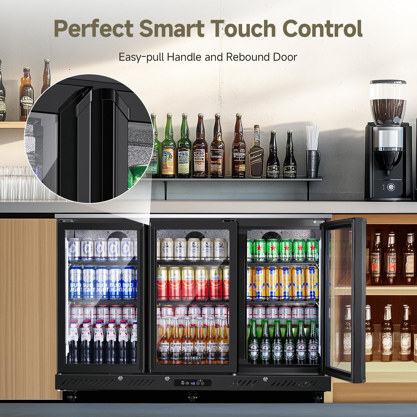 BODEGACOOLER Commercial Bar Cooler With 3 Glass Doors,12 Cu.Ft Counter Height Back Beverage Refrigerator,Display Bar Fridge with LED Lighting,Beverage Cooler for Beer Stainless Steel Top,With Casters
