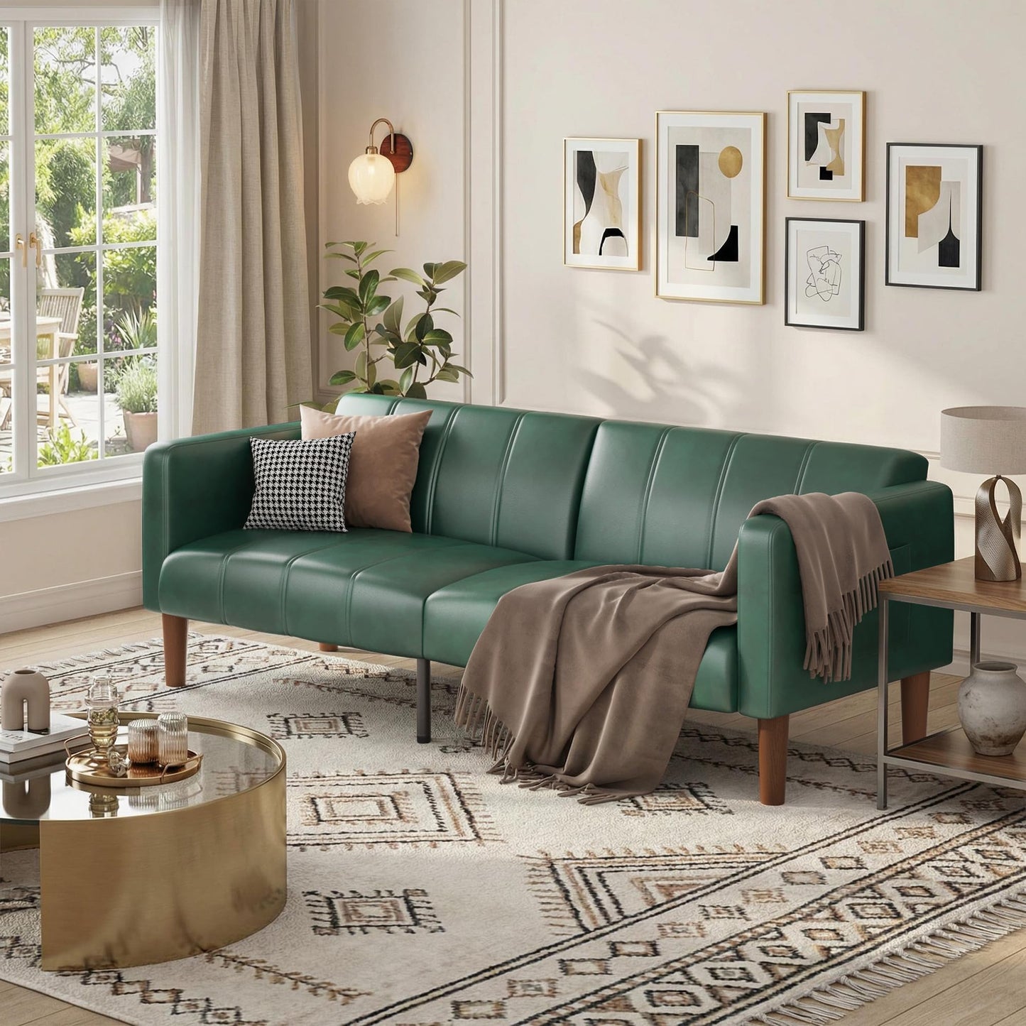 75 in Futon Sofa Bed, Faux Leather Convertible Couch with Adjustable Backrest, Side Pocket, Mid Century Modern Loveseat Sleeper Sofa for Living Room, Bedroom, Apartment, Small Spaces, Green