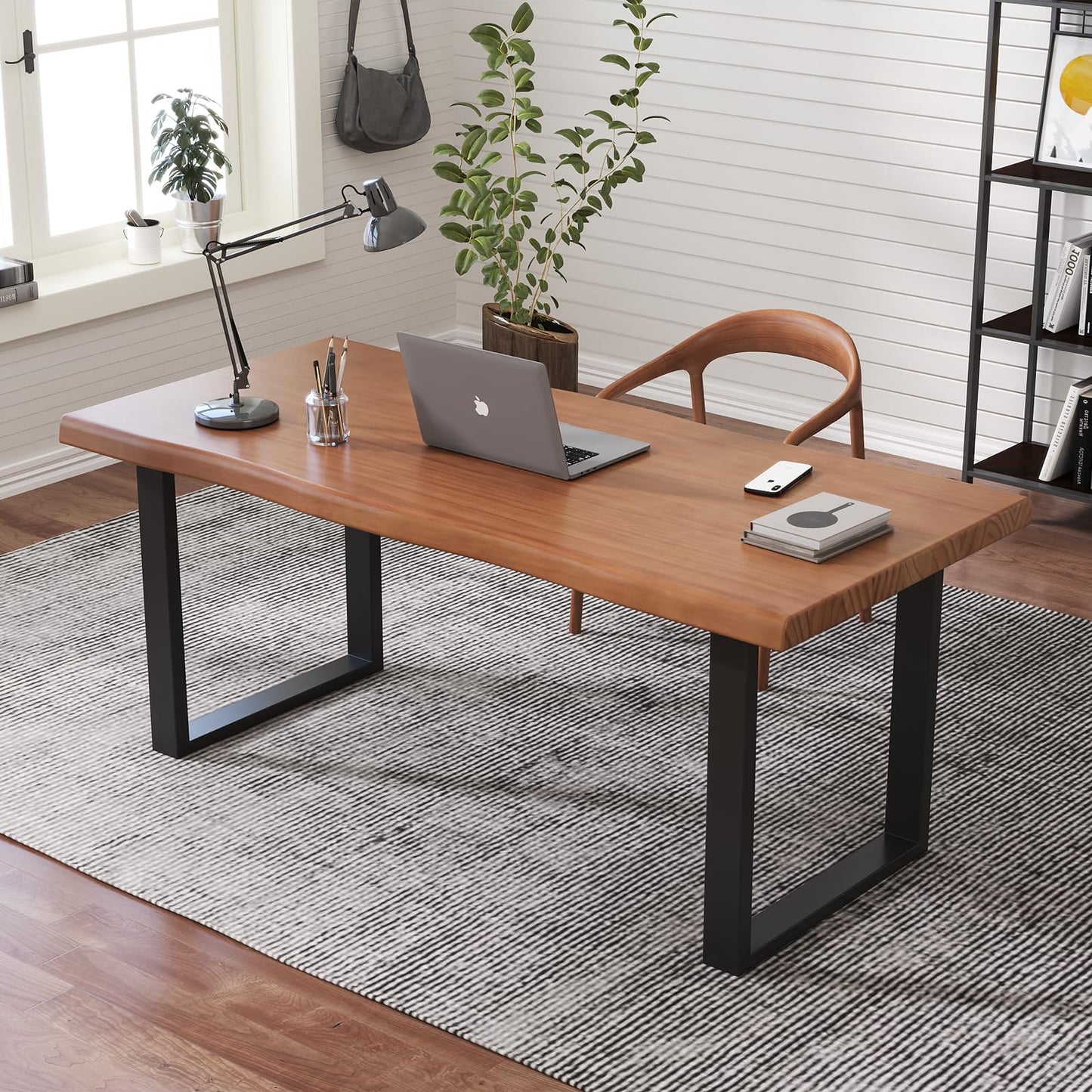 KunAndPeng Solid Wood Office Desk, 47.24" Tan Executive Computer Desk with Heavy-Duty Metal Base, Multi-Purpose Desk/Dining Table, Ideal for Home Office & Work Environments