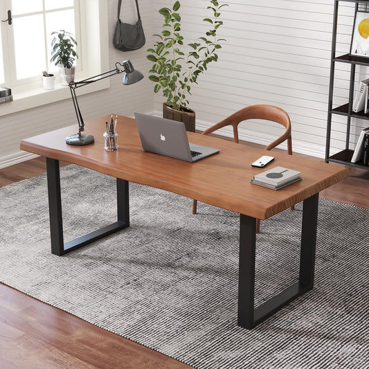 KunAndPeng Solid Wood Office Desk, 47.24" Tan Executive Computer Desk with Heavy-Duty Metal Base, Multi-Purpose Desk/Dining Table, Ideal for Home Office & Work Environments