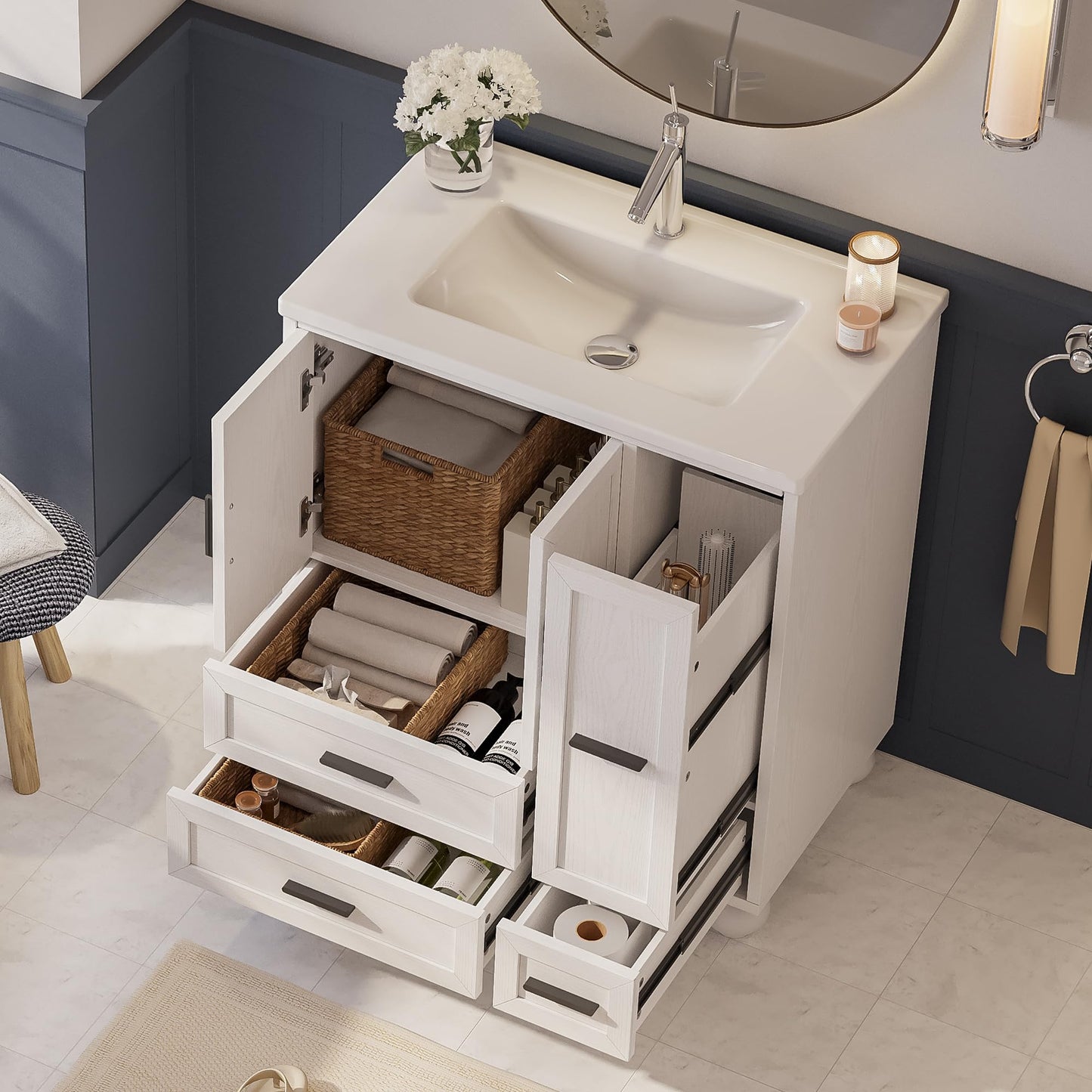 LIKIMIO 29.5" Bathroom Vanity with Sink, Hair Tool Drawer, 4 Solid Legs, 4 Drawers 2 Doors, Modern Freestanding Wooden Bathroom Cabinet with Undermount Upgraded SMC Sink, Quick Assembly, White